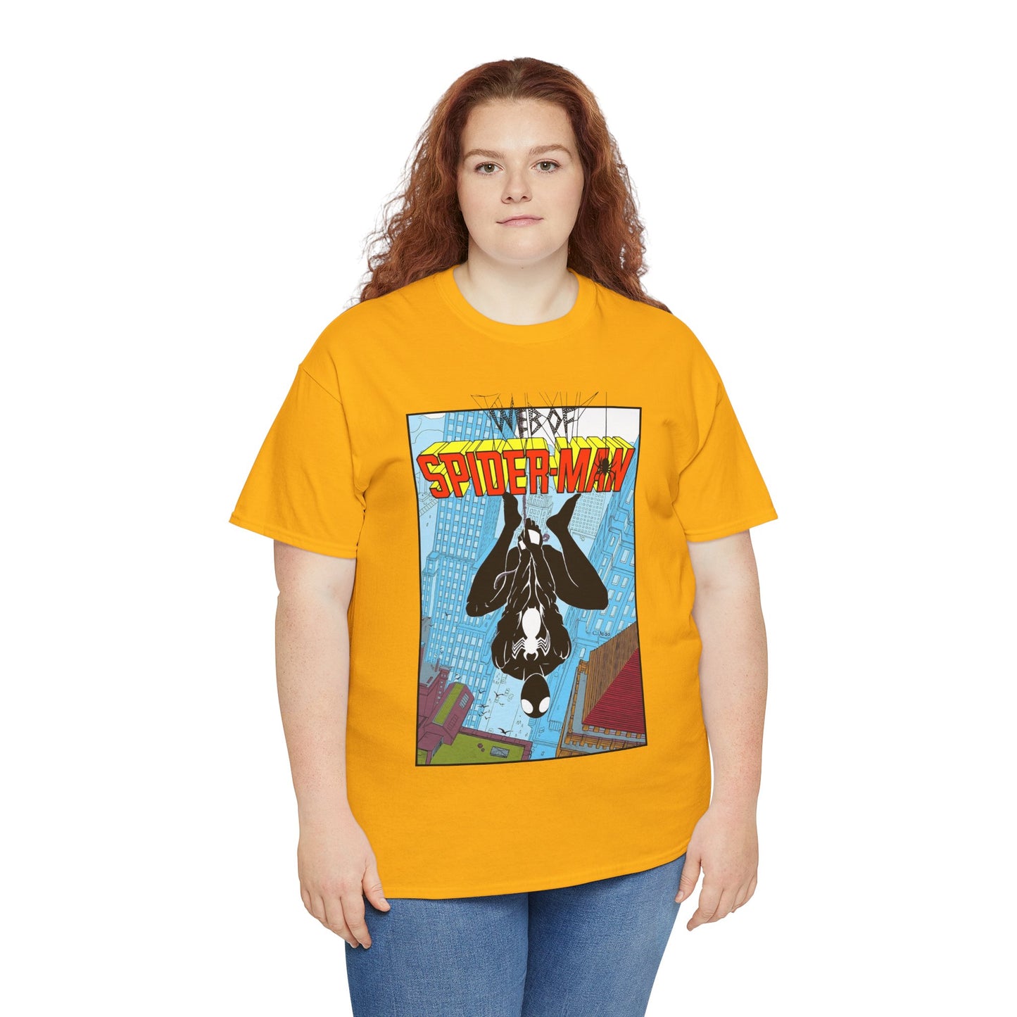 Web of Spider-Man T-Shirt - Charles Vess Art - Peter Parker, Web Slinger - Manhattan Skyline - Spidey Black Suit - Marvel Comics