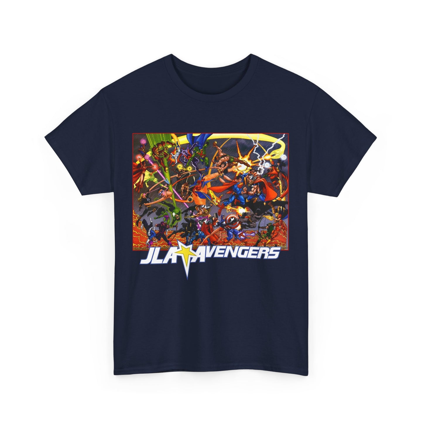 Avengers Vs JLA T-Shirt - Stunning George Perez Art - Marvel & DC Comics Crossover - Thor, Superman, Wonder Woman, Hercules, Iron Man, Batman, Black Canary, Scarlet Witch, Wonder Man, Martian Manhunter