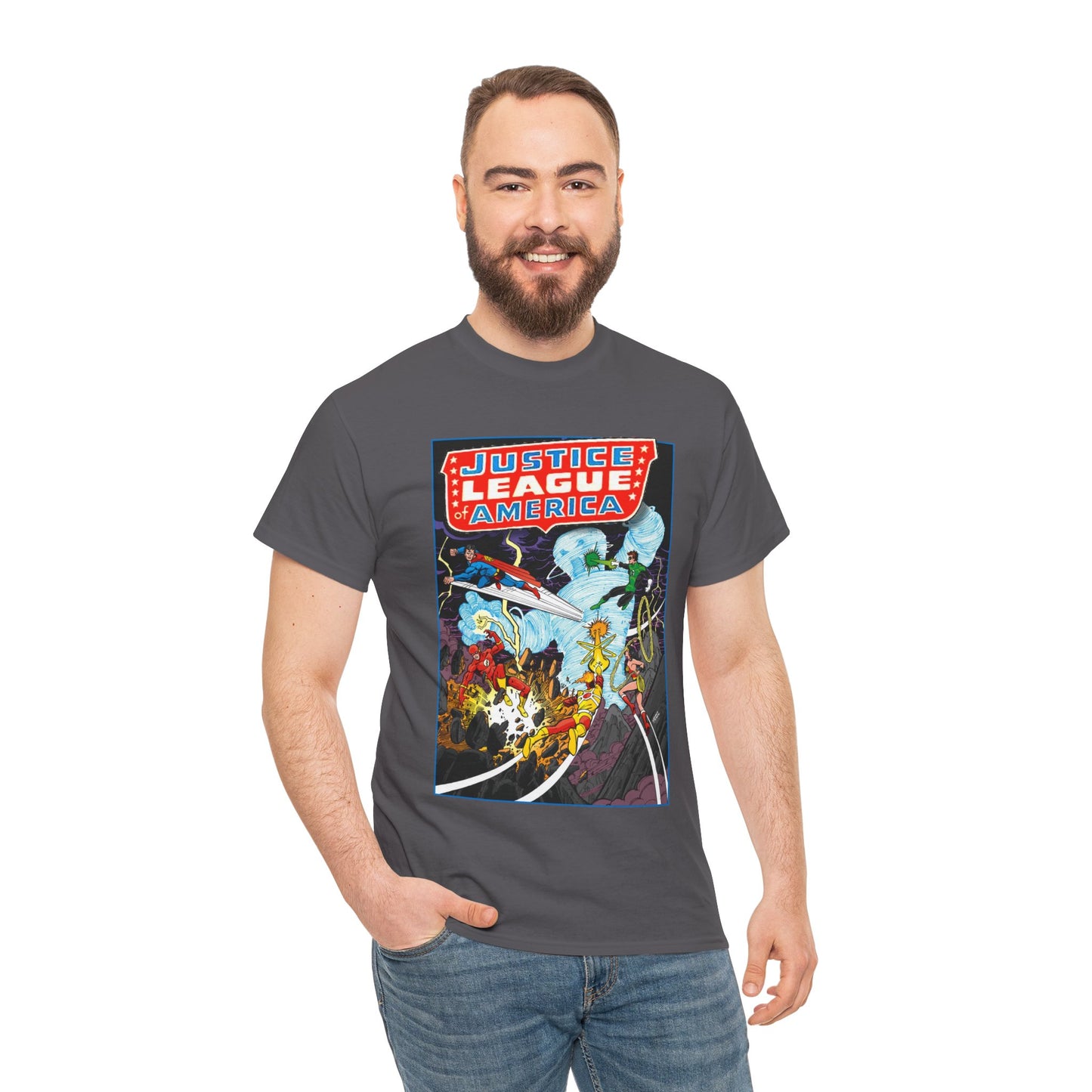 Justice League T-Shirt - George Perez Art - Tornado Tyrant - Superman, Firestorm, Flash, Wonder Woman, Green Lantern - DC Comics