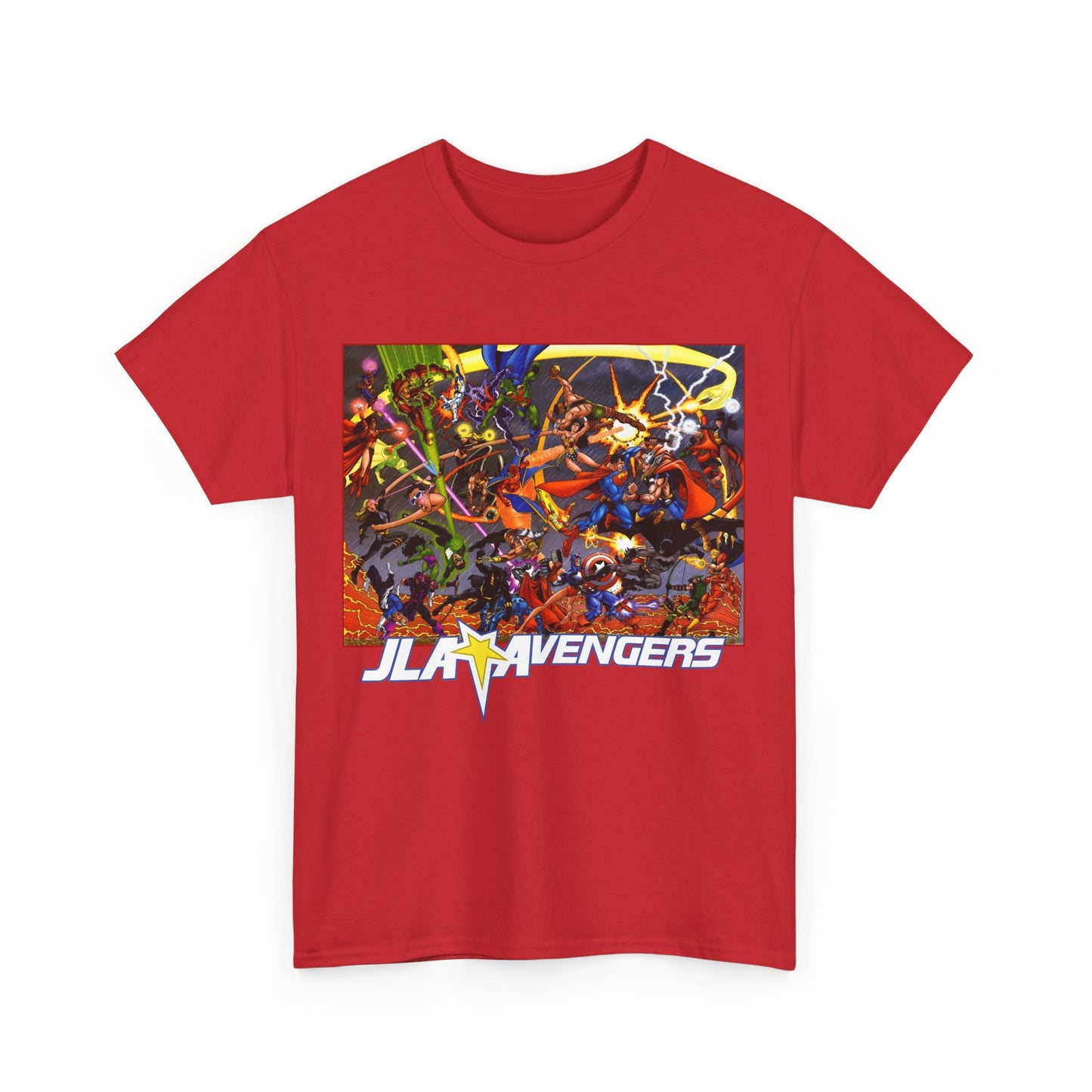 Avengers Vs JLA T-Shirt - Stunning George Perez Art - Marvel & DC Comics Crossover - Thor, Superman, Wonder Woman, Hercules, Iron Man, Batman, Black Canary, Scarlet Witch, Wonder Man, Martian Manhunter