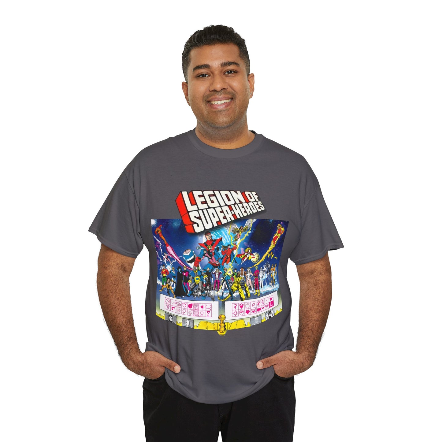 Legion of Super-Heroes T-Shirt - Gorgeous George Perez Art - History of the DC Universe - Lightning Lad, Timber Wolf, Wildfire, Sun Boy, Chamelon Boy - DC Comics