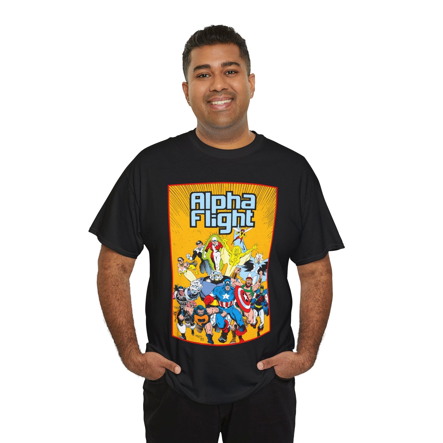Alpha Flight T-Shirt - Mike Mignola Art - Northstar, Aurora, Snowbird, Shaman, Puck - Avengers: Captain America, Captain Marvel, Hercules, Black Knight - Marvel Comics