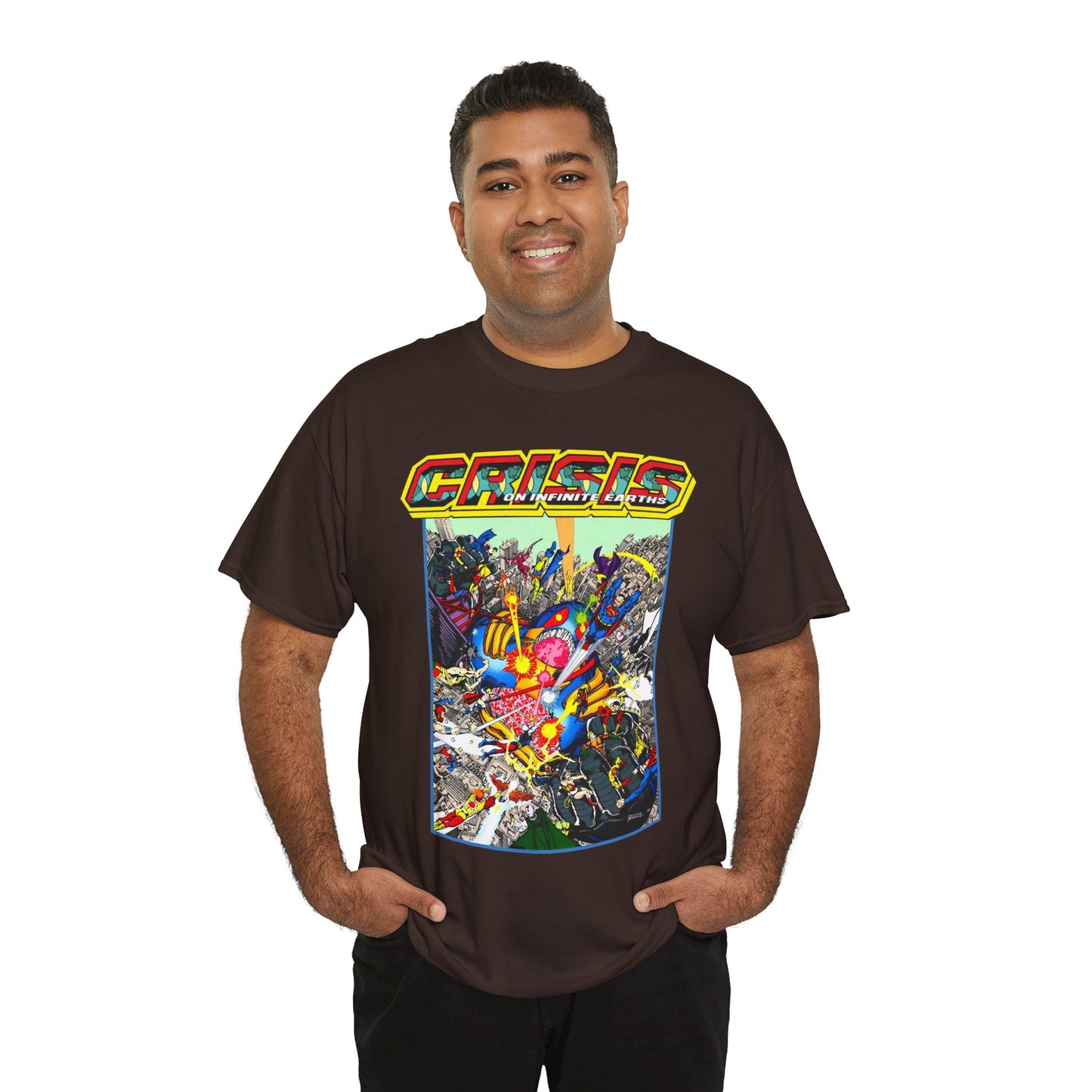 Crisis on Infinite Earths T-Shirt - George Perez Art - Superman, Firestorm, Captain Atom, Wonder Woman, Martian Manhunter Vs The Anti-Monitor - #12 Cover - DC Comics