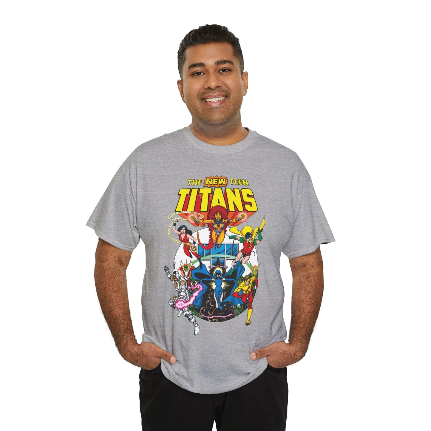New Teen Titans T-Shirt - Classic George Perez Art - Cyborg, Raven, Starfire, Robin, Wonder Girl, Changeling, Kid Flash - Titans Tower - Popular DC Comics 1980s Series
