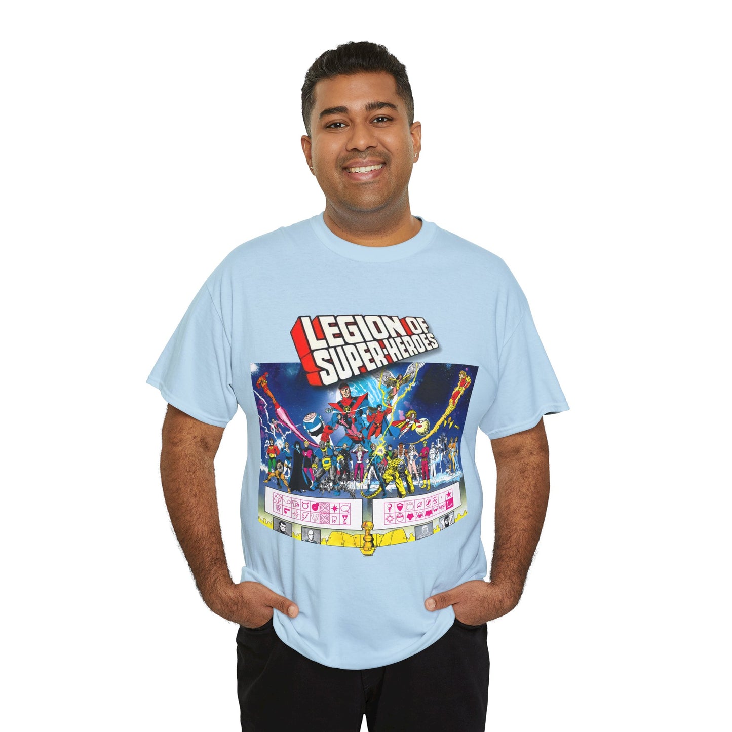 Legion of Super-Heroes T-Shirt - Gorgeous George Perez Art - History of the DC Universe - Lightning Lad, Timber Wolf, Wildfire, Sun Boy, Chamelon Boy - DC Comics