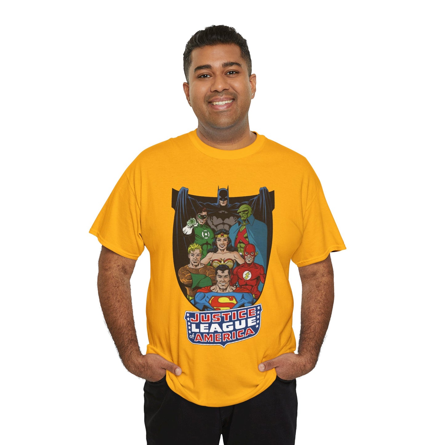Justice League of America T-Shirt - George Perez Art - Superman, Wonder Woman, Batman, Aquaman, Martian Manhunter, Flash, Green Lantern - DC Comics