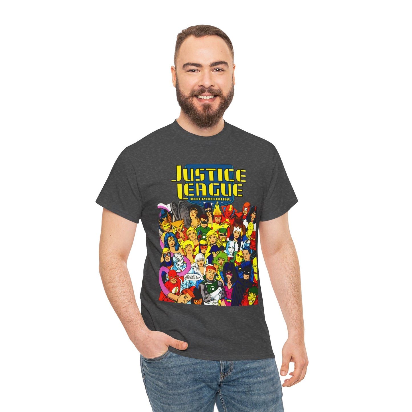 Justice League International T-Shirt - Kevin Maguire DC Comics Sourcebook Art - Booster Gold, Blue Beetle, Batman, Martian Manhunter, Captain Atom, Fire, Ice, Guy Gardner