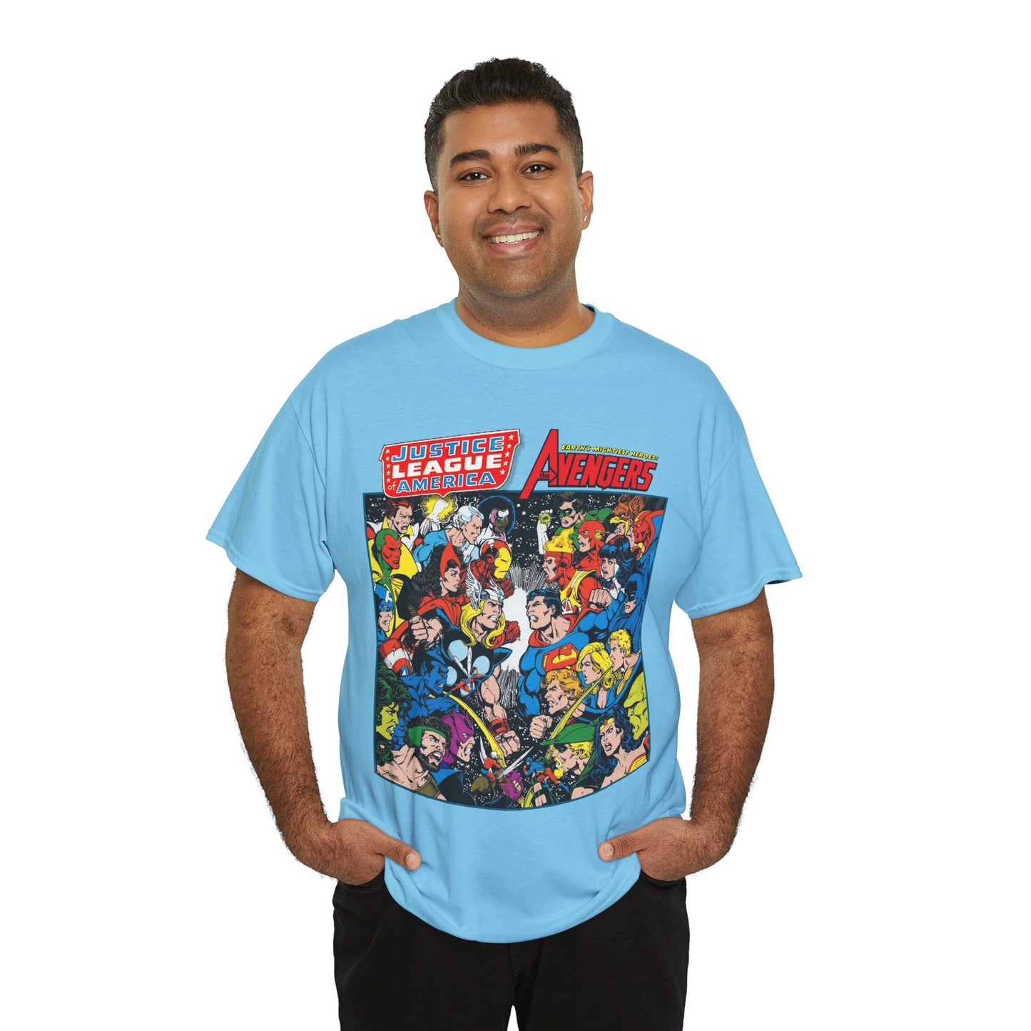 Justice League/Avengers T-Shirt - DC & Marvel Comics Art - George Perez - JLA - Batman, Captain America, Iron Man, Green Lantern
