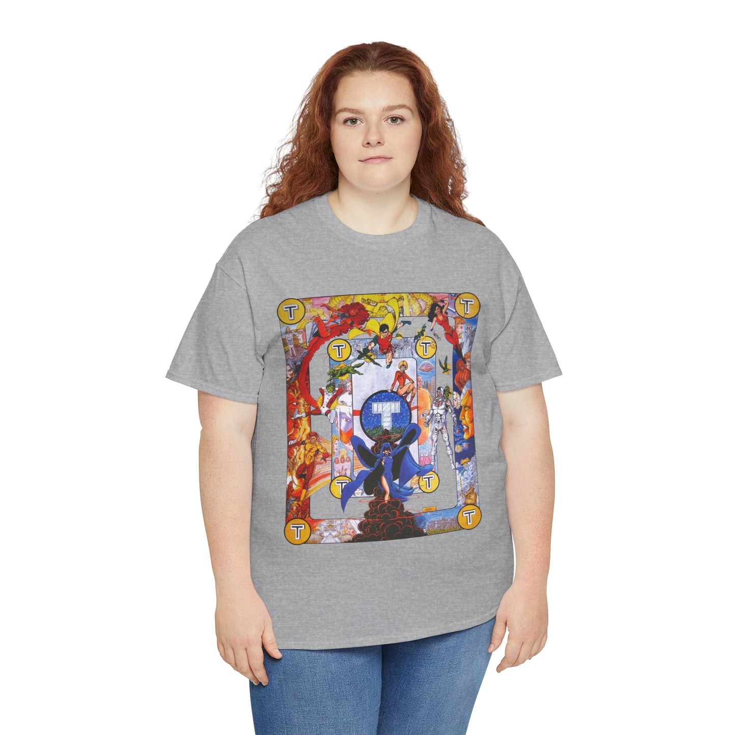 New Teen Titans Poster T-Shirt - George Perez Art - Cyborg, Raven, Robin, Terra, Wonder Girl, Changeling, Kid Flash, Deathstroke, Blackfire - DC Comics
