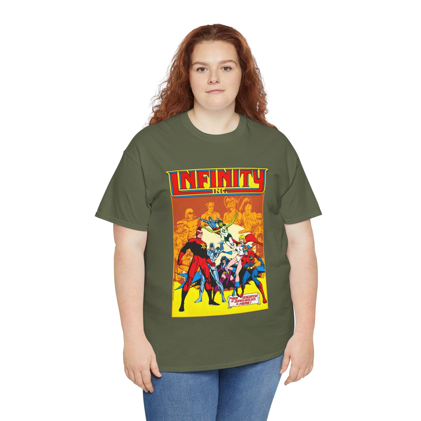 Infinity, Inc T-Shirt - Jerry Ordway Art - Silver Scarab, Huntress, Power Girl, Star-Spangled Kid, Fury, Jade - DC Comics - 1980s JSA Spin-Off Series
