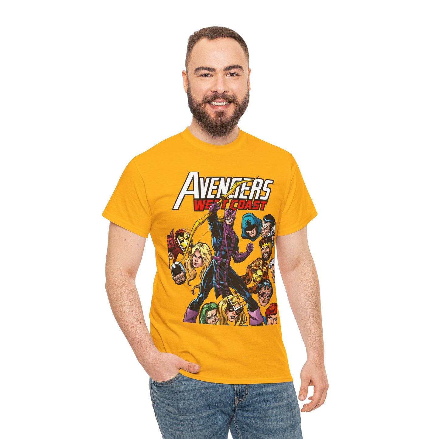 Avengers West Coast T-Shirt - Bob Hall Art - Hawkeye, Iron Man, Wonder Man, Tigra, Mockingbird - Marvel Comics Team