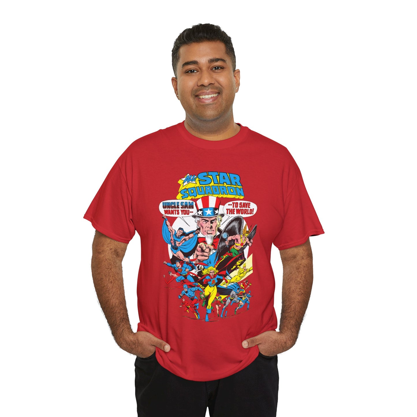 All-Star Squadron T-Shirt - Jerry Ordway Art - Uncle Sam, Hawkman, Superman, Liberty Belle, Black Condor, the Ray, Batman, Plastic Man - JSA Link - DC Comics