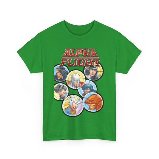 Alpha Flight T-Shirt - John Byrne Art - Guardian, Aurora, Northstar, Sasquatch, Shaman, Puck, Snowbird - Canada's Super Heroes - Marvel Comics