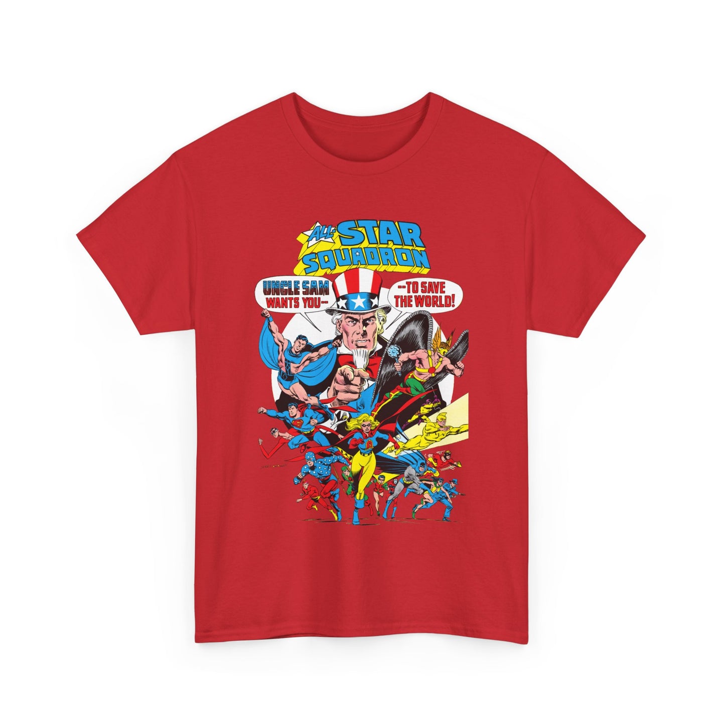 All-Star Squadron T-Shirt - Jerry Ordway Art - Uncle Sam, Hawkman, Superman, Liberty Belle, Black Condor, the Ray, Batman, Plastic Man - JSA Link - DC Comics