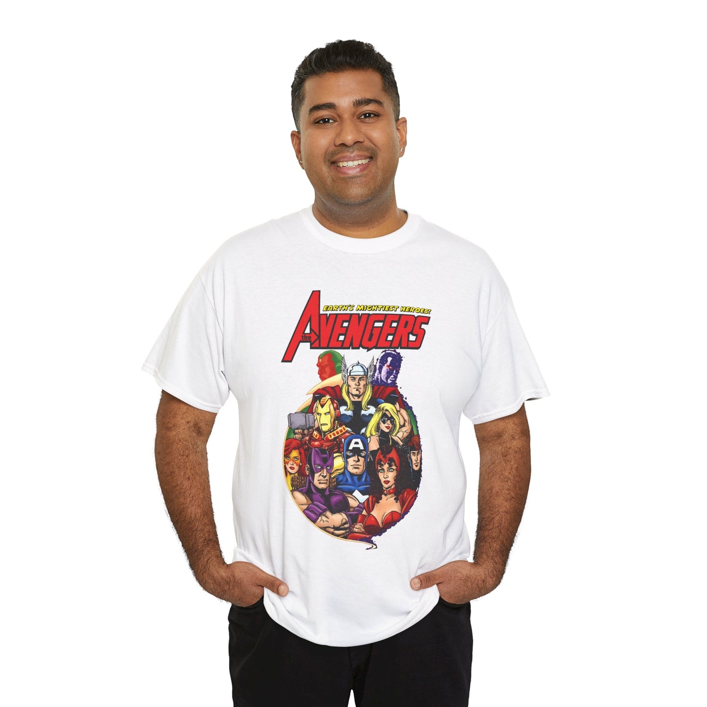 Avengers T-Shirt - George Perez Art - Captain America, Vision, Wonder Man, Iron Man, Thor, Hawkeye, Scarlet Witch - Popular Marvel Comics Characters
