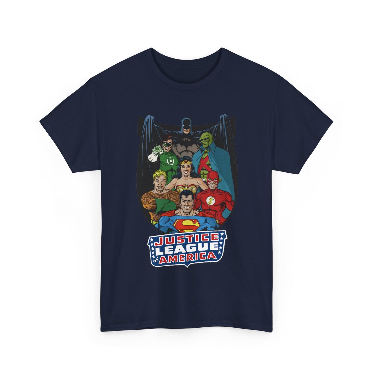 Justice League of America T-Shirt - George Perez Art - Superman, Wonder Woman, Batman, Aquaman, Martian Manhunter, Flash, Green Lantern - DC Comics