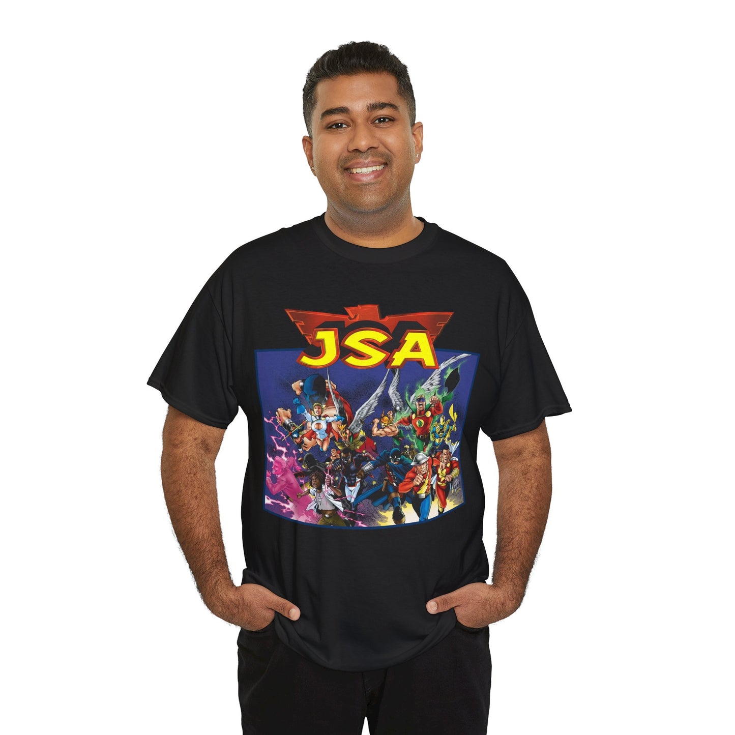 JSA T-Shirt - Carlos Pacheco Art - Green Lantern, Power Girl, Hawkgirl, Black Adam, Flash, Dr Fate, Hawkman - DC Comics - Justice Society of America
