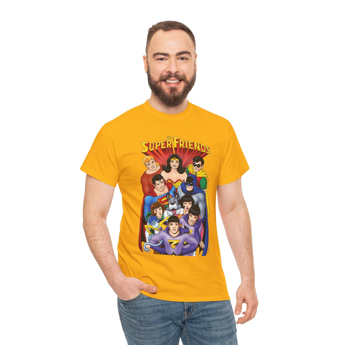 Super Friends T-Shirt - Kevin Maguire Art - Wonder Twins, Gleek, Superman, Wonder Woman Batman - DC Comics - Based on 1970s Hanna-Barbera Cartoon