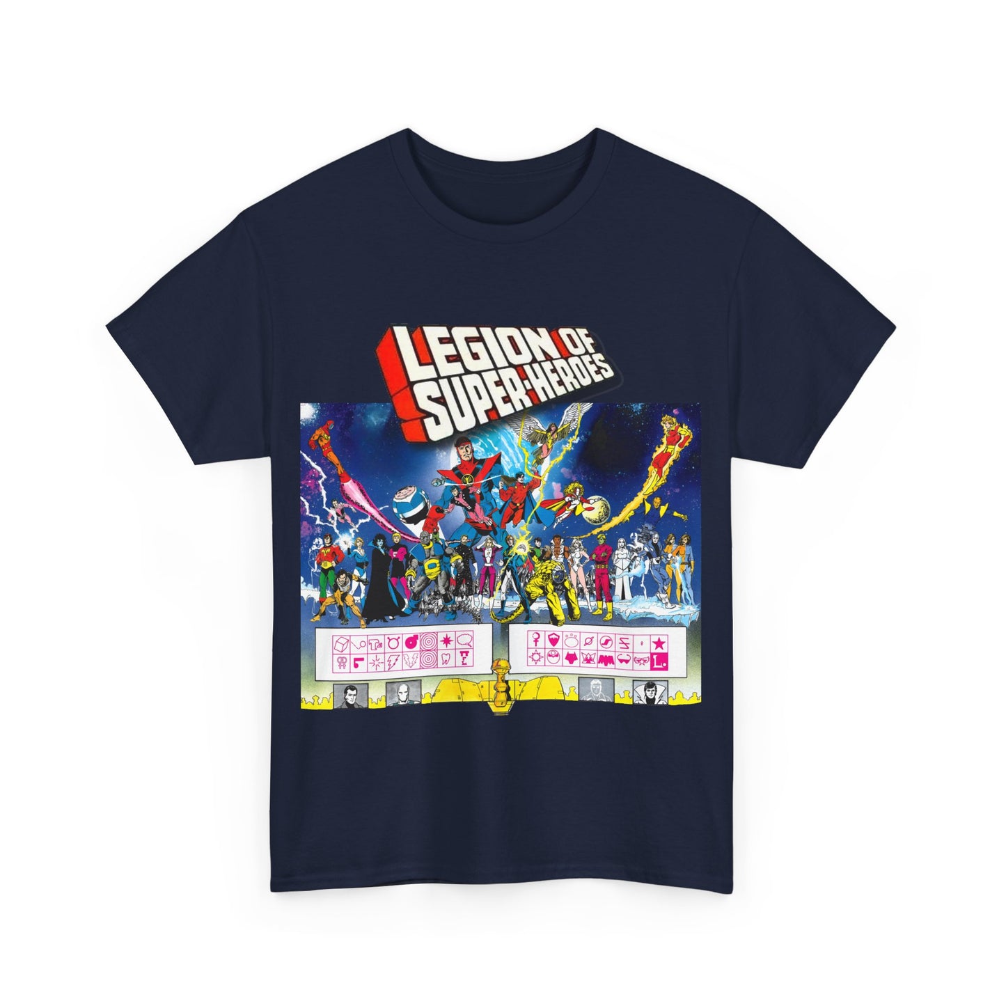 Legion of Super-Heroes T-Shirt - Gorgeous George Perez Art - History of the DC Universe - Lightning Lad, Timber Wolf, Wildfire, Sun Boy, Chamelon Boy - DC Comics