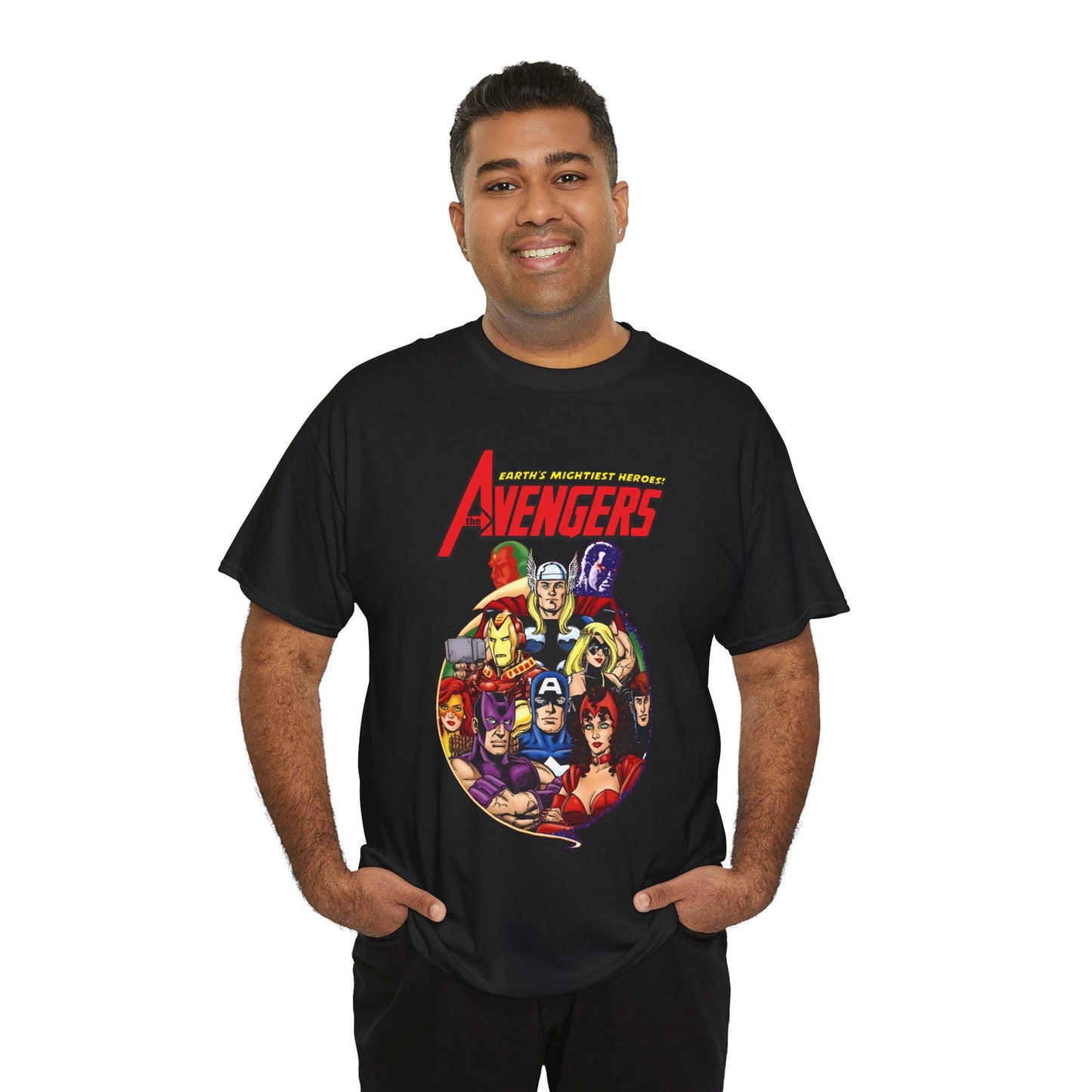 Avengers T-Shirt - George Perez Art - Captain America, Vision, Wonder Man, Iron Man, Thor, Hawkeye, Scarlet Witch - Popular Marvel Comics Characters