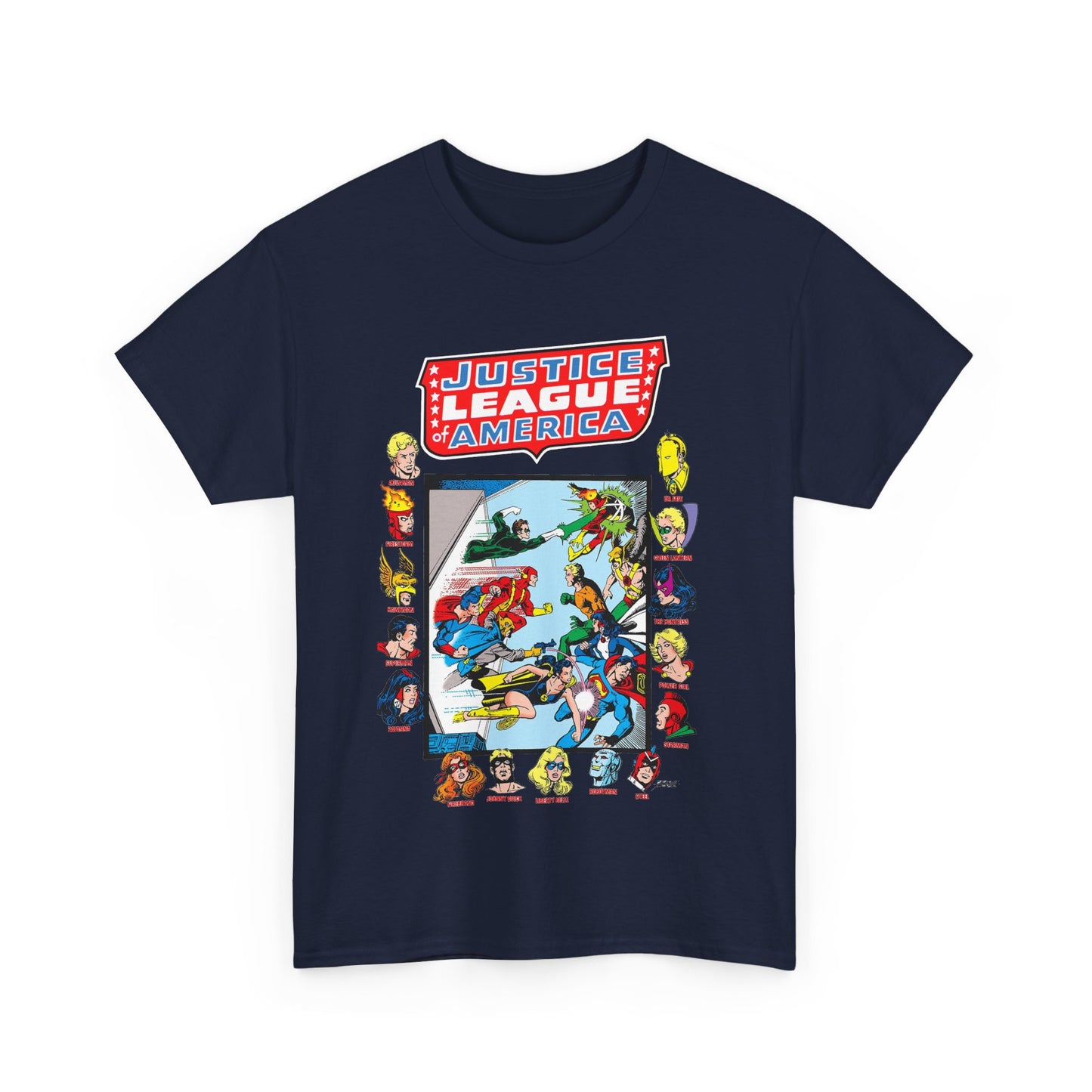 JLA & JSA T-Shirt - George Perez Art - All-Star Squadron - Firestorm, Huntress, Starman, Zatanna, Liberty Belle, Superman, Robotman, Firebrand, Dr Fate - DC Comics