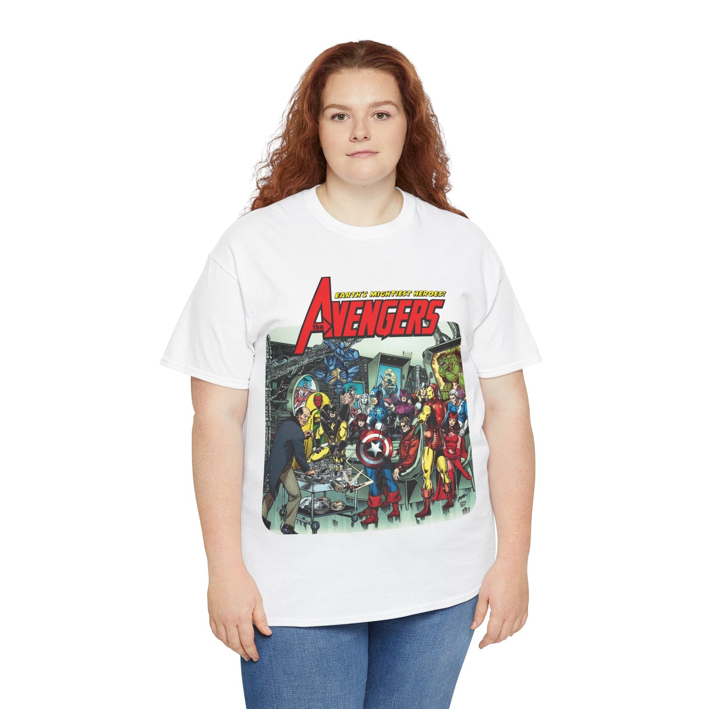 Classic Avengers T-Shirt - George Perez Art - Captain America, Hawkeye, Iron Man, Vision, Scarlet Witch, Quicksilver, Jarvis - Marvel Comics