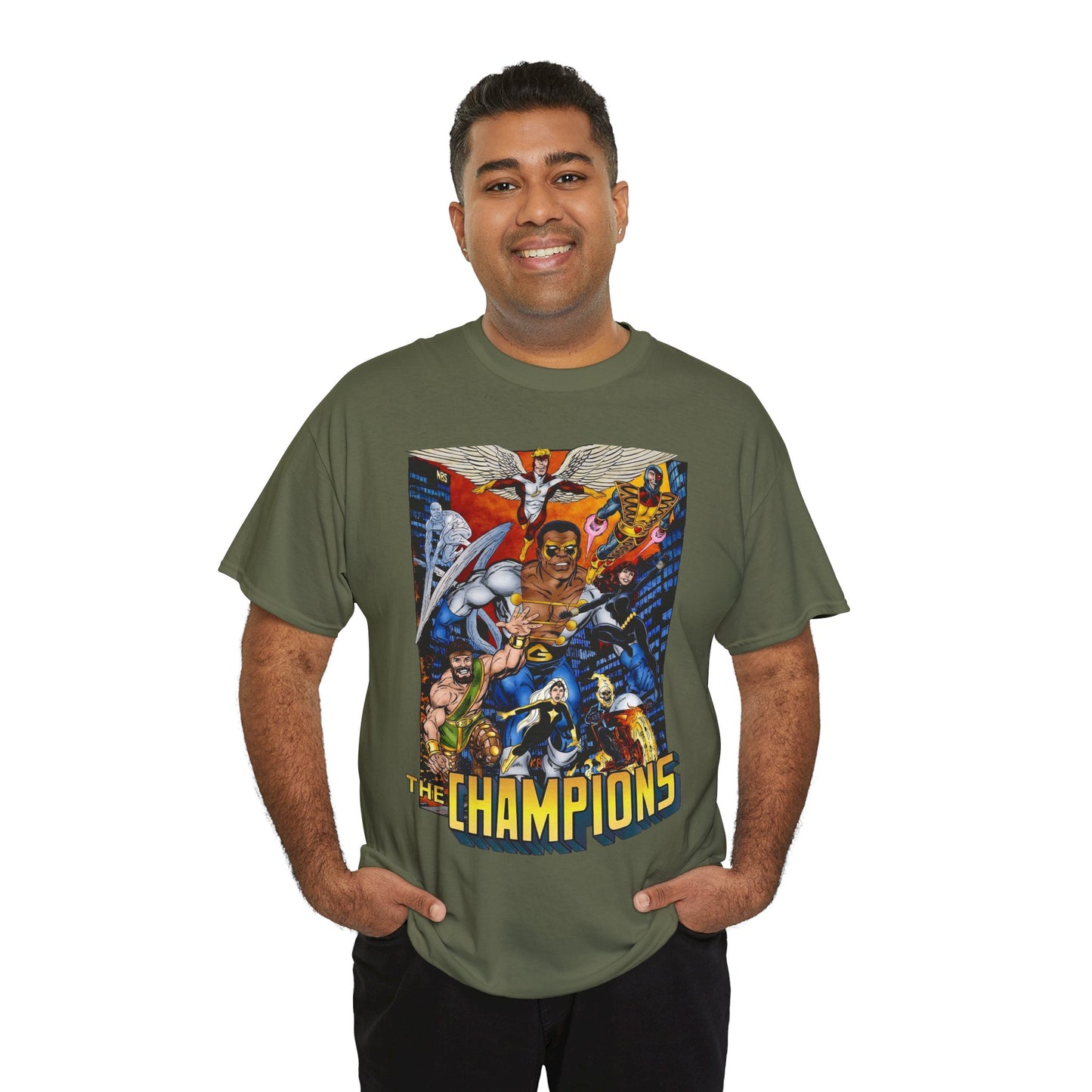 Champions T-Shirt - John Byrne Art - Hercules, Black Widow, Ghost Rider, Black Goliath, Silver Surfer, Jack of Hearts - Marvel Comics 1970s Series