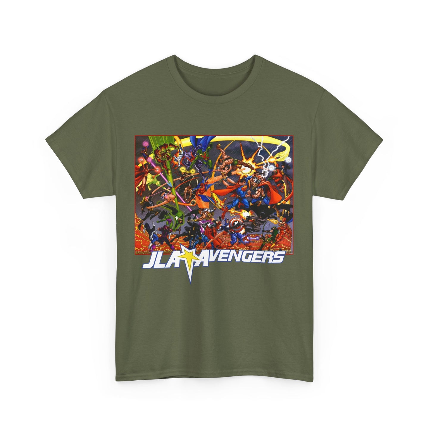 Avengers Vs JLA T-Shirt - Stunning George Perez Art - Marvel & DC Comics Crossover - Thor, Superman, Wonder Woman, Hercules, Iron Man, Batman, Black Canary, Scarlet Witch, Wonder Man, Martian Manhunter