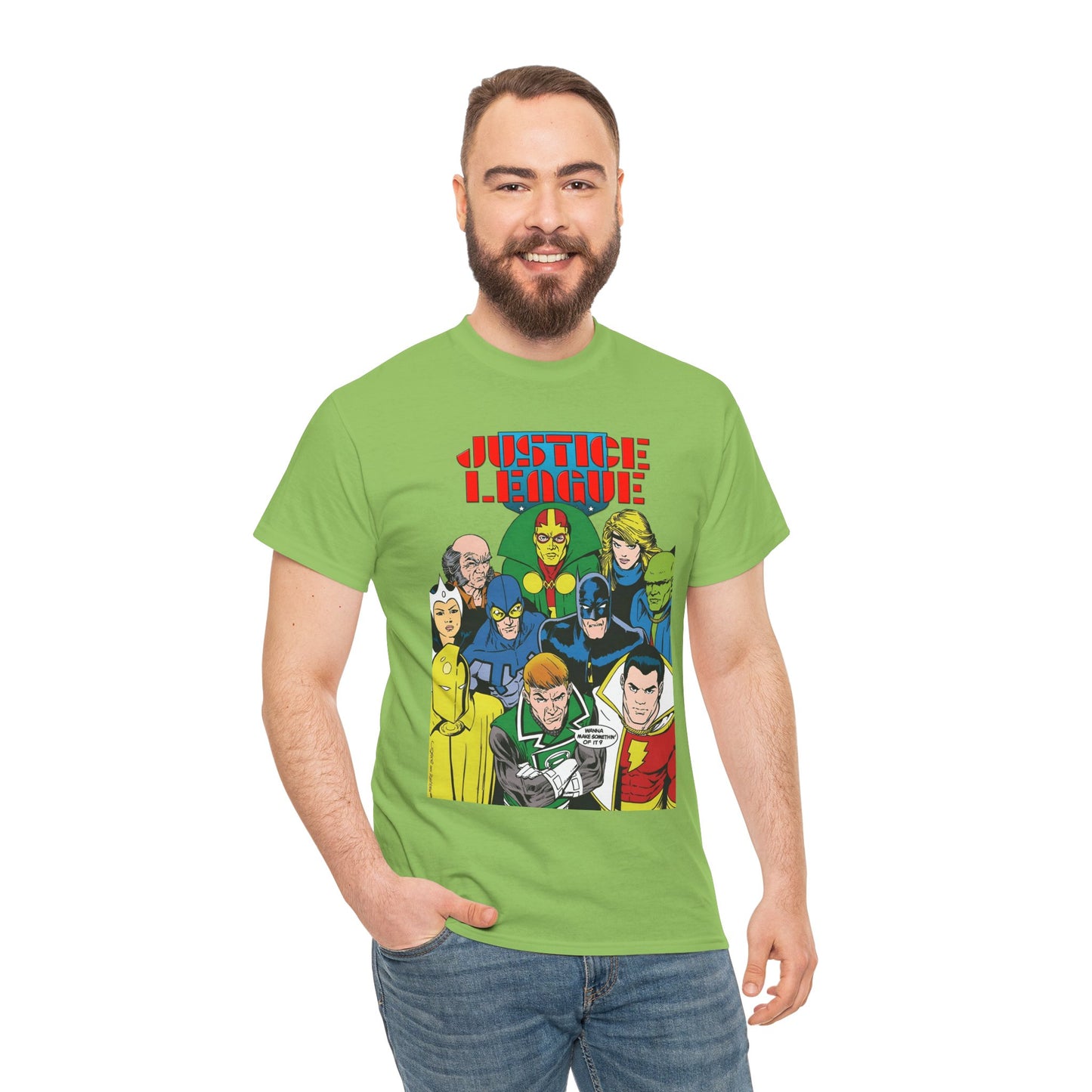 Justice League International T-Shirt - Kevin Maguire Art - JLI - DC Comics - Blue Beetle, Dr Fate, Batman, Mr Miracle, Martian Manhunter - Guy Gardner