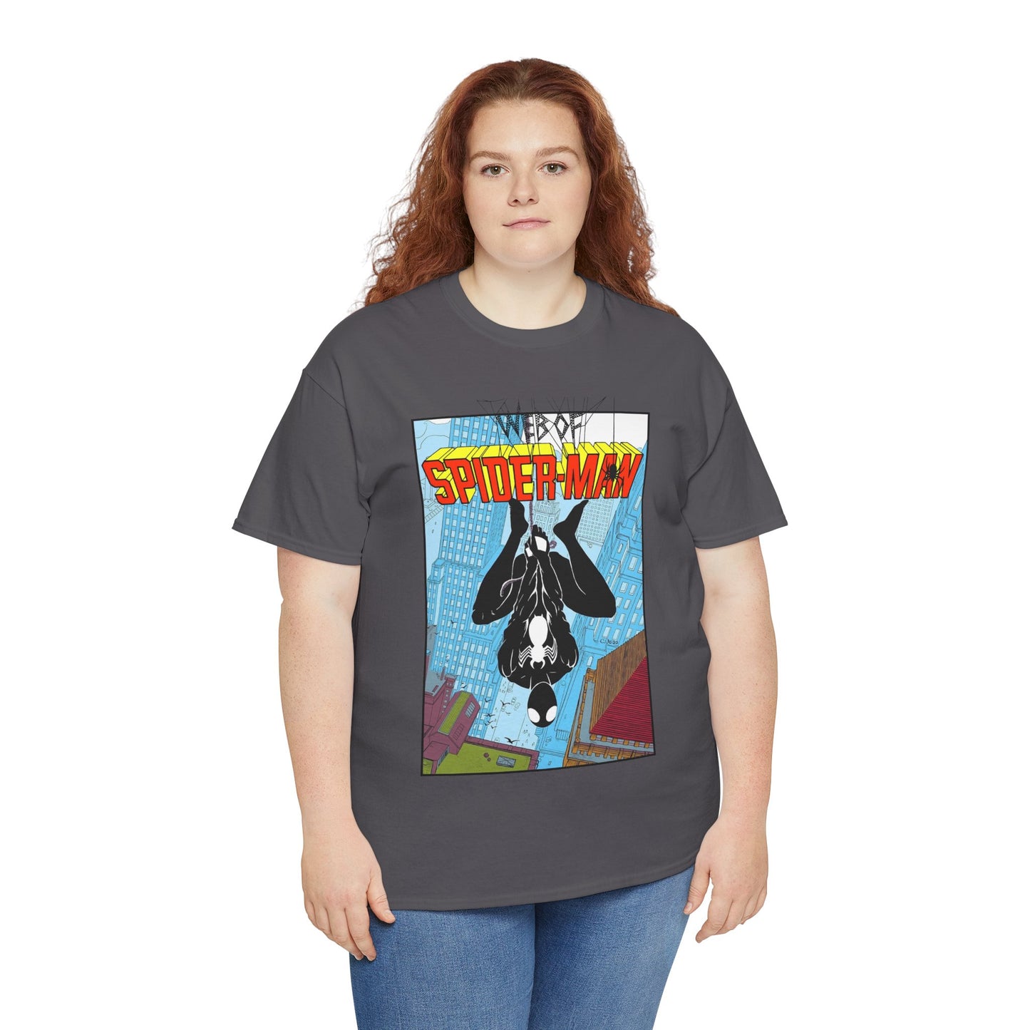 Web of Spider-Man T-Shirt - Charles Vess Art - Peter Parker, Web Slinger - Manhattan Skyline - Spidey Black Suit - Marvel Comics