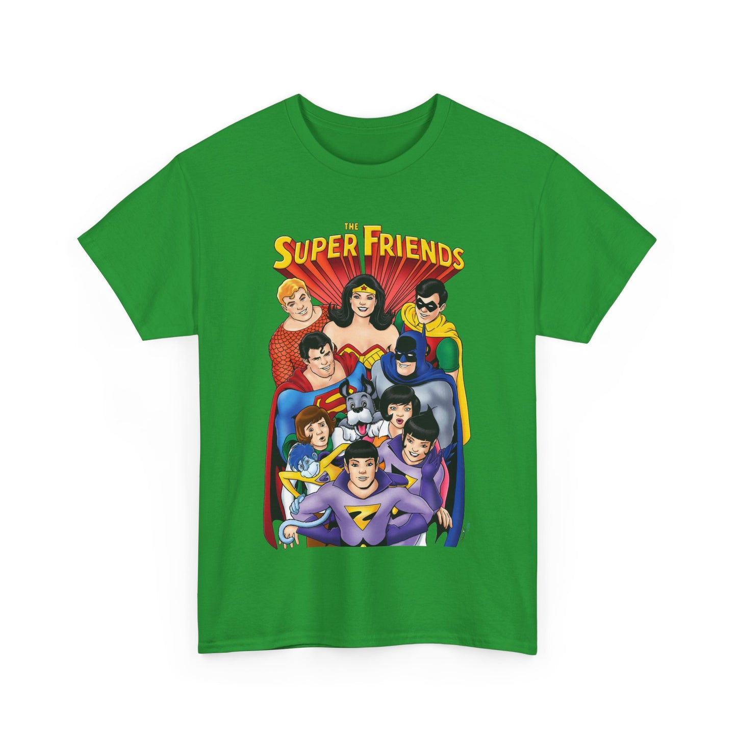 Super Friends T-Shirt - Kevin Maguire Art - Wonder Twins, Gleek, Superman, Wonder Woman Batman - DC Comics - Based on 1970s Hanna-Barbera Cartoon