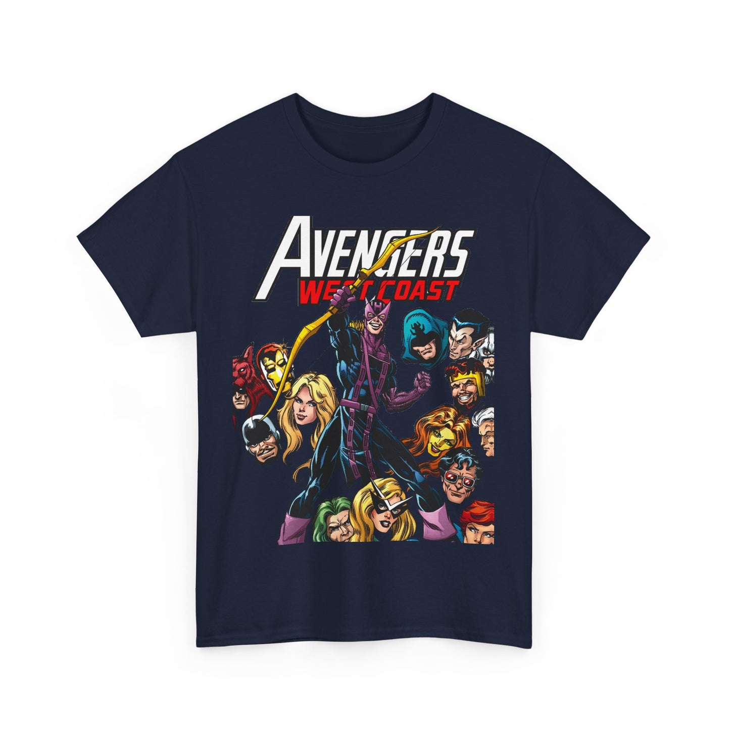 Avengers West Coast T-Shirt - Bob Hall Art - Hawkeye, Iron Man, Wonder Man, Tigra, Mockingbird - Marvel Comics Team