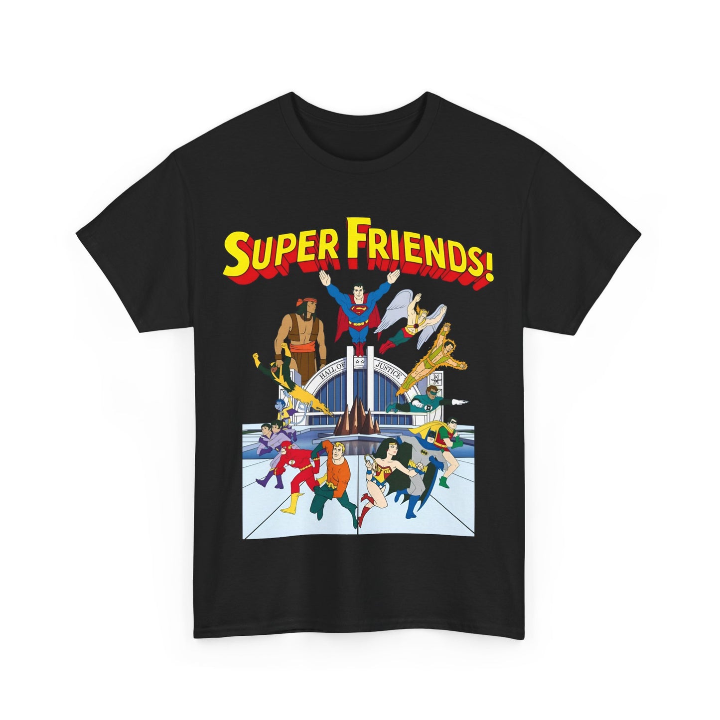 Super Friends T-Shirt - DC Hanna-Barbera - Superman, Wonder Woman, Black Vulcan, Batman, The Wonder Twins, Apache Chief, Hall of Justice
