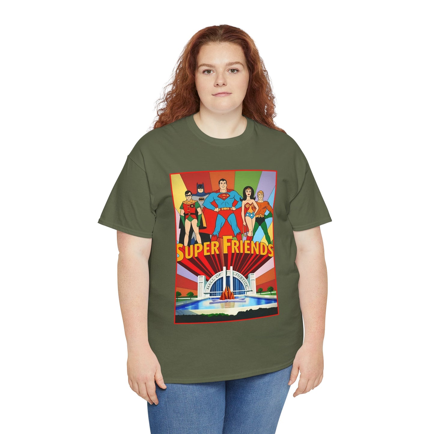 Super Friends T-Shirt - Batman, Superman, Wonder Woman, Robin - Hanna-Barbera Cartoon - DC Comics - Hall of Justice