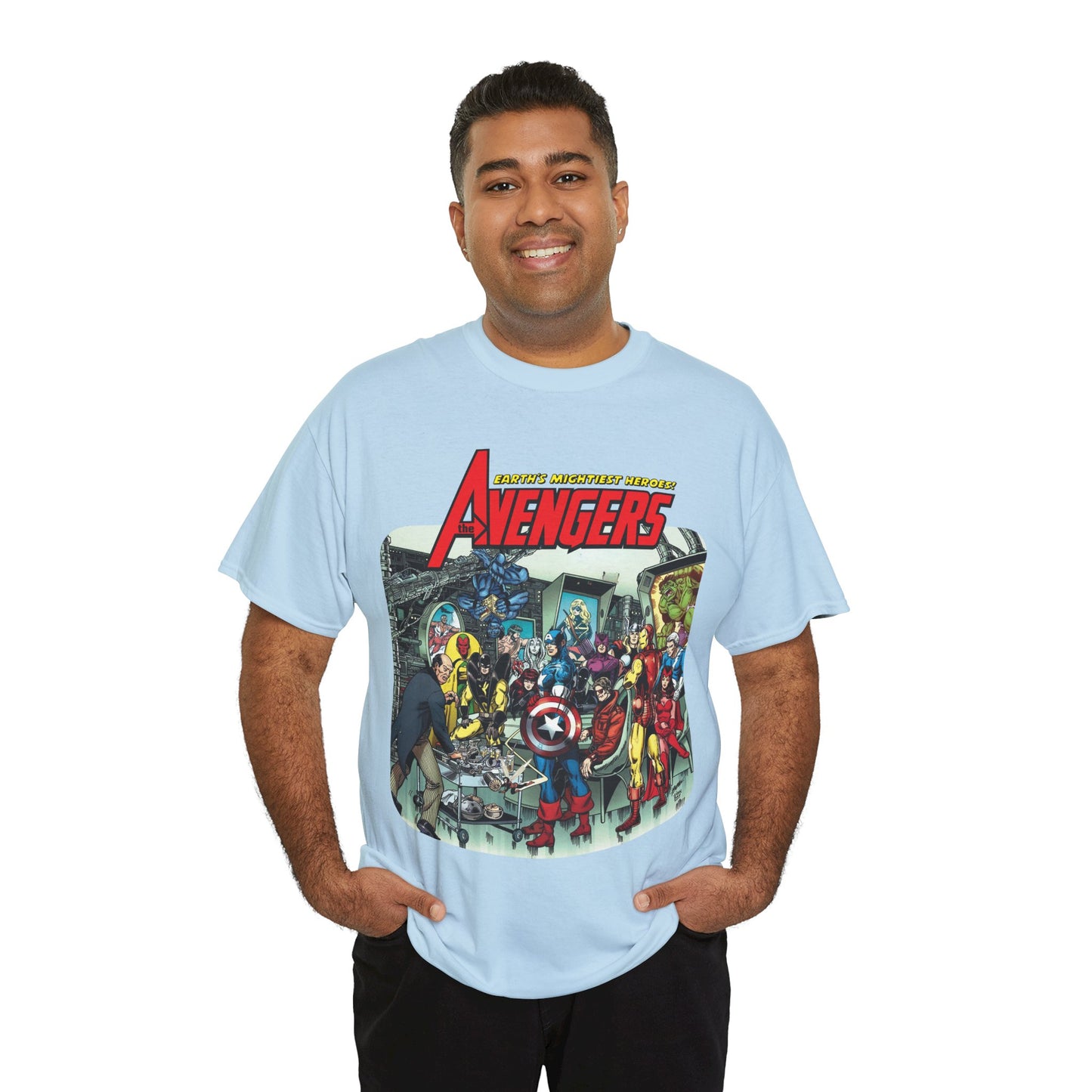 Classic Avengers T-Shirt - George Perez Art - Captain America, Hawkeye, Iron Man, Vision, Scarlet Witch, Quicksilver, Jarvis - Marvel Comics