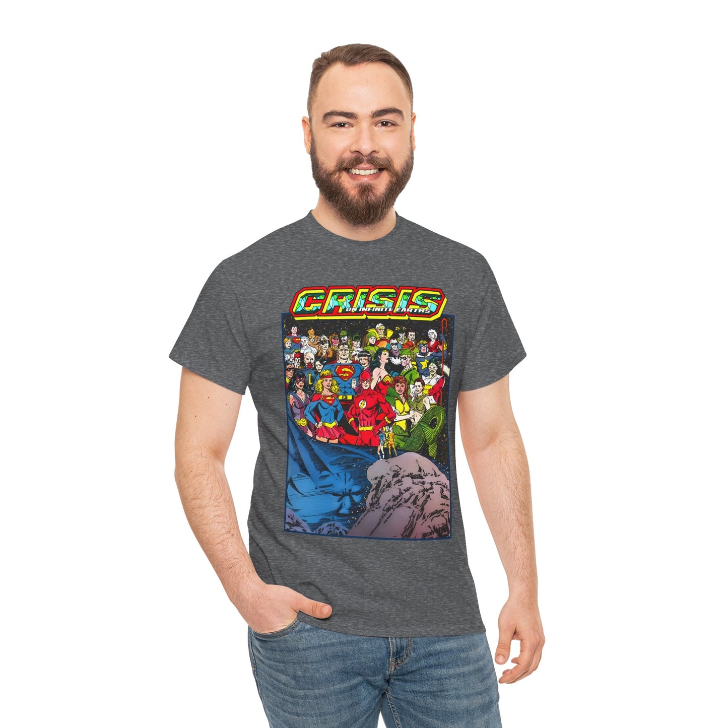 Crisis on Infinite Earths T-Shirt - George Perez Art - Supergirl, Flash, Huntress, Starman, Earth 3 Luthor, Lori Lemaris, Aquagirl, Earth 2 Robin - DC Comics