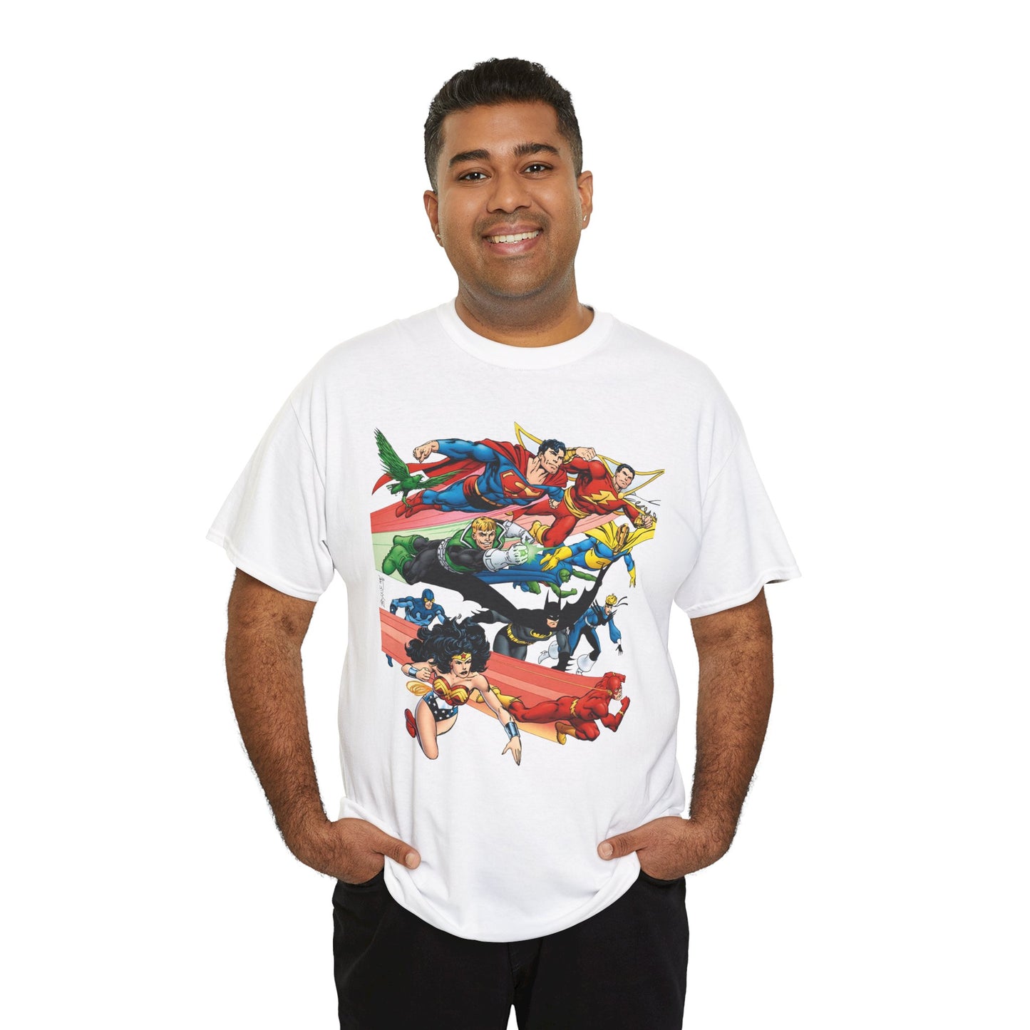 DC Legends T-Shirt - John Byrne Art - Superman, Dr Fate, Blue Beetle, Wonder Woman, Black Canary, Guy Gardner - DC Comics