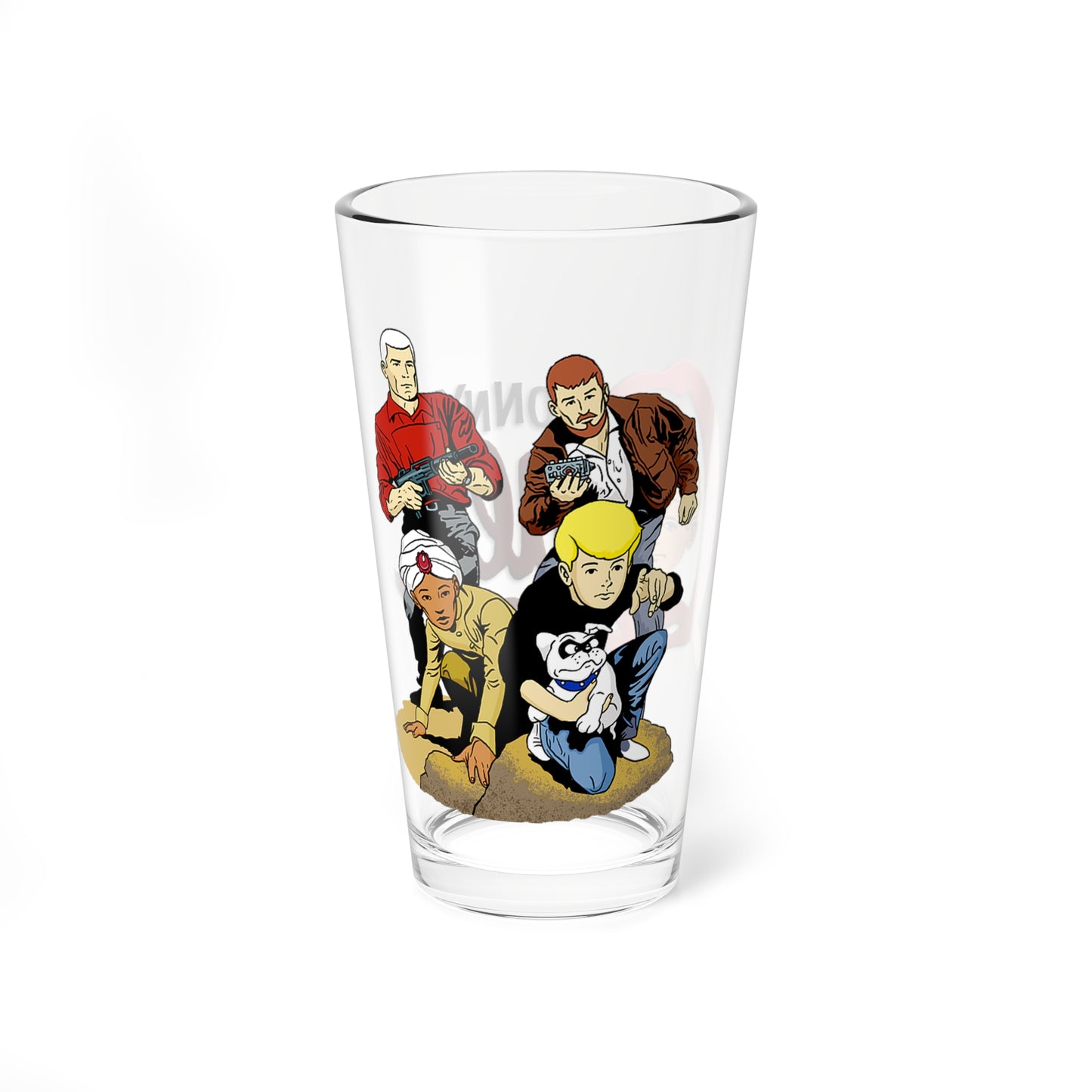 Jonny Quest Pint Glass, 16oz - Race Bannon, Dr. Benton, Hadji - Hanna-Barbera Cartoon - Saturday Morning Classic