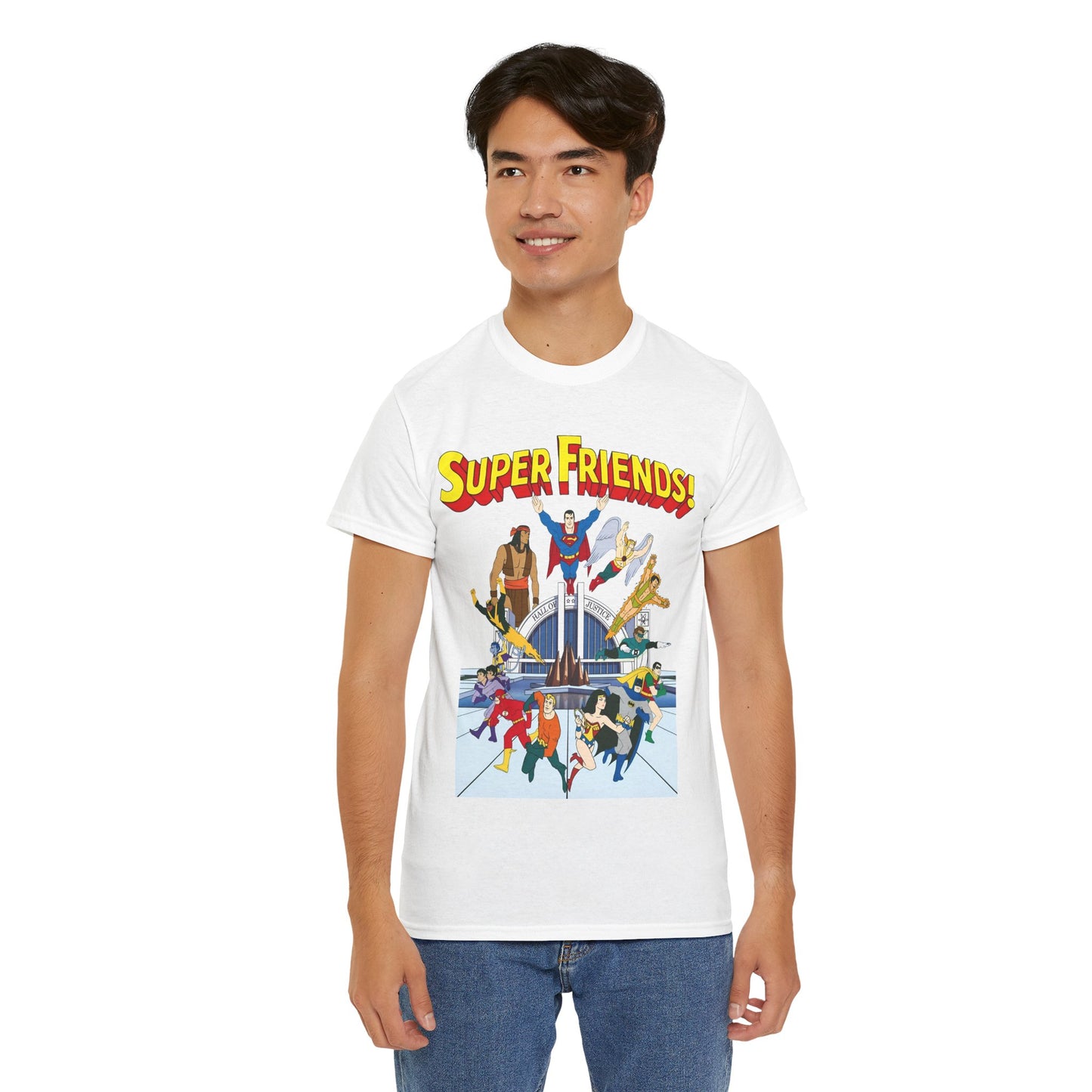 Super Friends T-Shirt - DC Hanna-Barbera - Superman, Wonder Woman, Black Vulcan, Batman, The Wonder Twins, Apache Chief, Hall of Justice