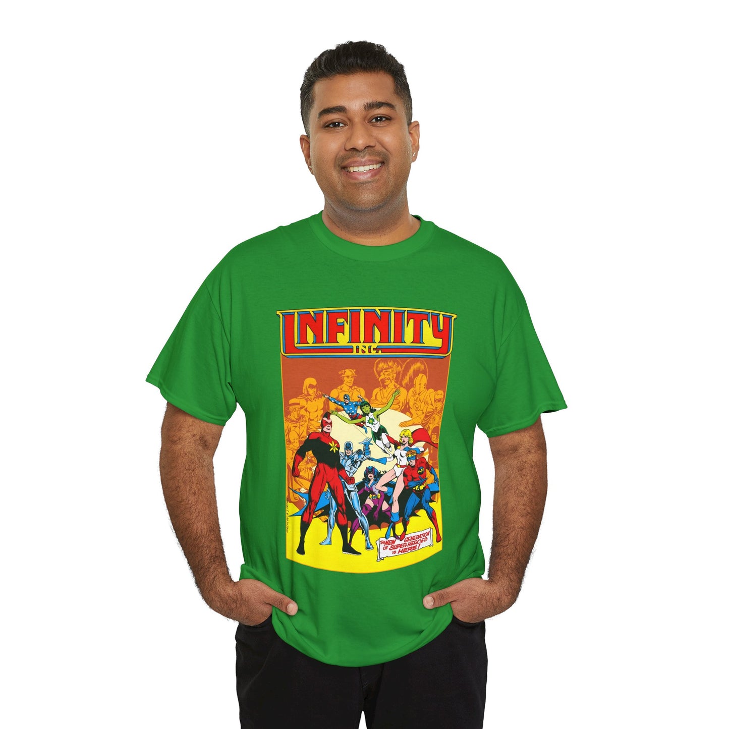 Infinity, Inc T-Shirt - Jerry Ordway Art - Silver Scarab, Huntress, Power Girl, Star-Spangled Kid, Fury, Jade - DC Comics - 1980s JSA Spin-Off Series