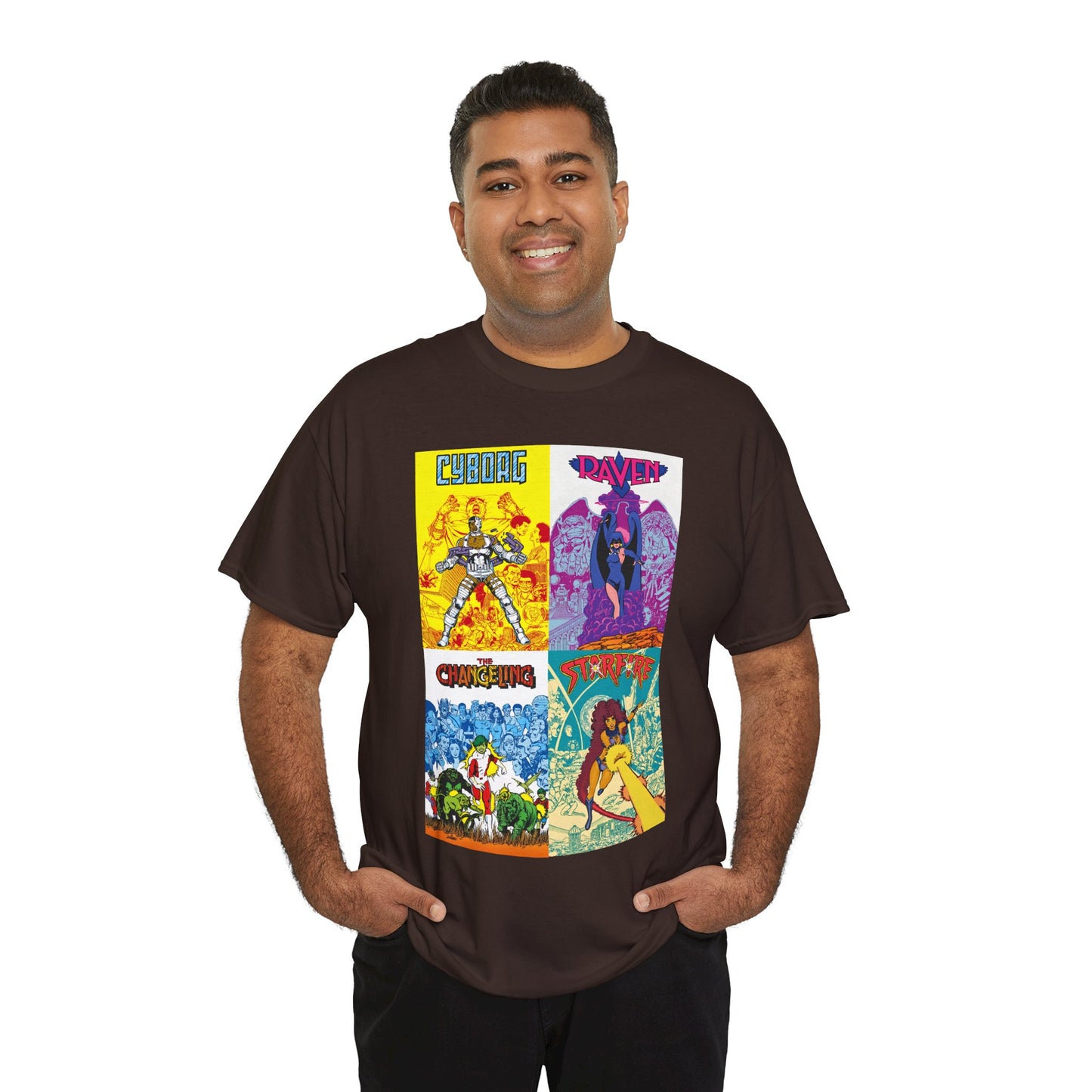 Tales of the New Teen Titans T-Shirt - George Perez Art - Cyborg, Raven, Changeling, Starfire - 1980s Mini-Series Showcasing Their Origins - DC Comics