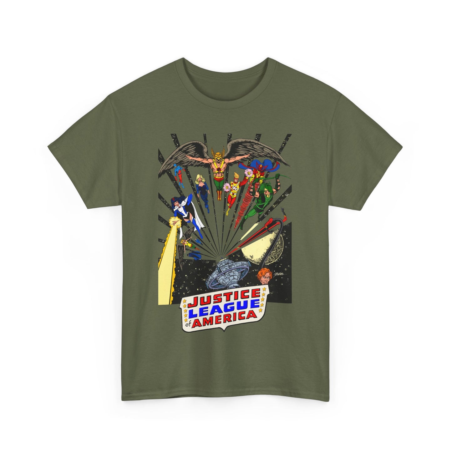 Justice League of America T-Shirt - George Perez Art - Bronze Age Satellite Era - DC Comics - Hawkman, Zatanna, Atom, Firestorm, Elongated Man, Green Arrow