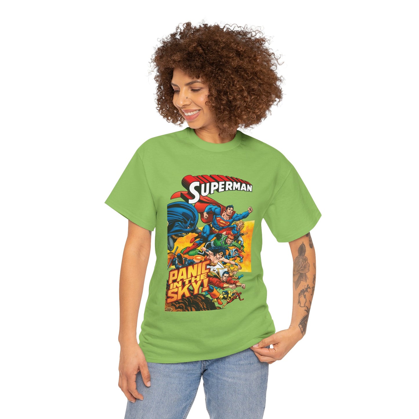 Superman - Panic in the Sky T-Shirt - Dan Jurgens Art - Vs Brainiac & Maxima - Wonder Woman, Booster Gold, Shazam, Batman, Flash, Aquaman, Supergirl - DC Comics