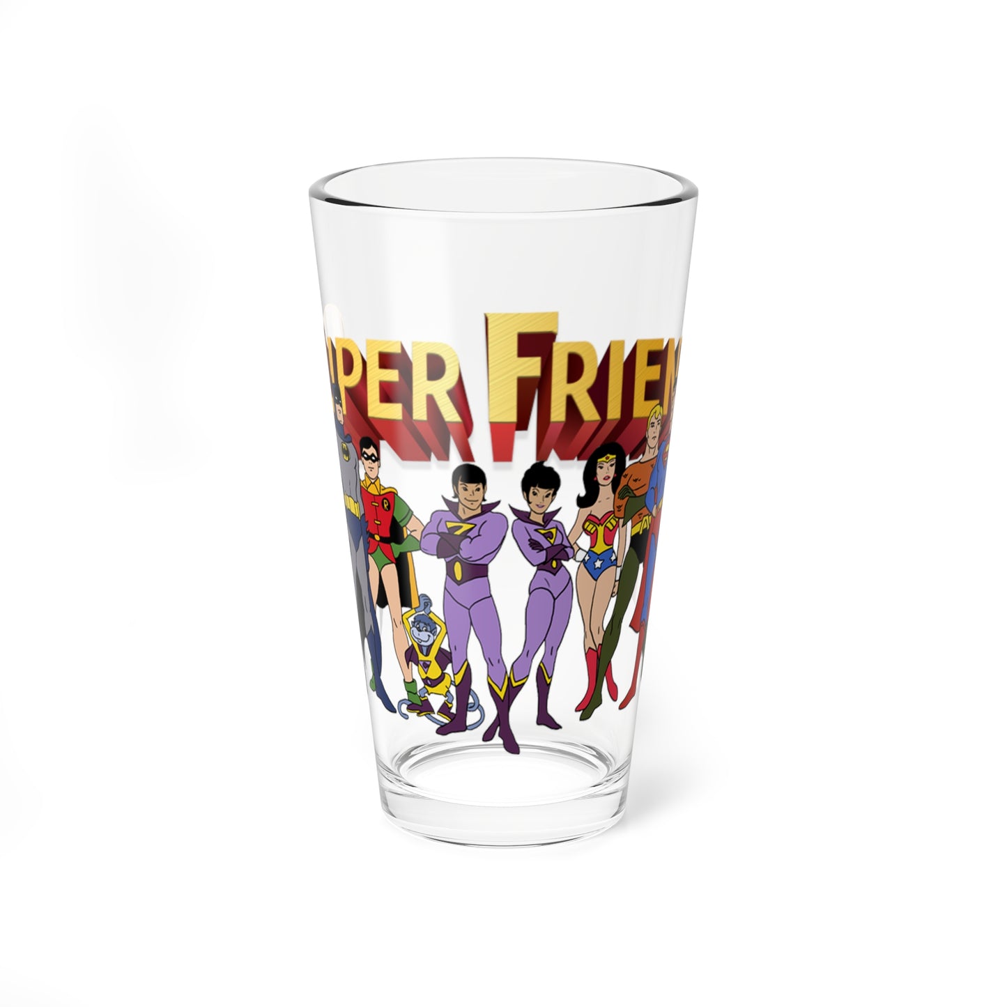 Super Friends Pint Glass, 16oz - Hanna-Barbera Saturday Morning Cartoon - Superman, Batman, Wonder Woman, Aquaman, Robin, Zan, Jayna, Gleek, The Wonder Twins - DC Comics