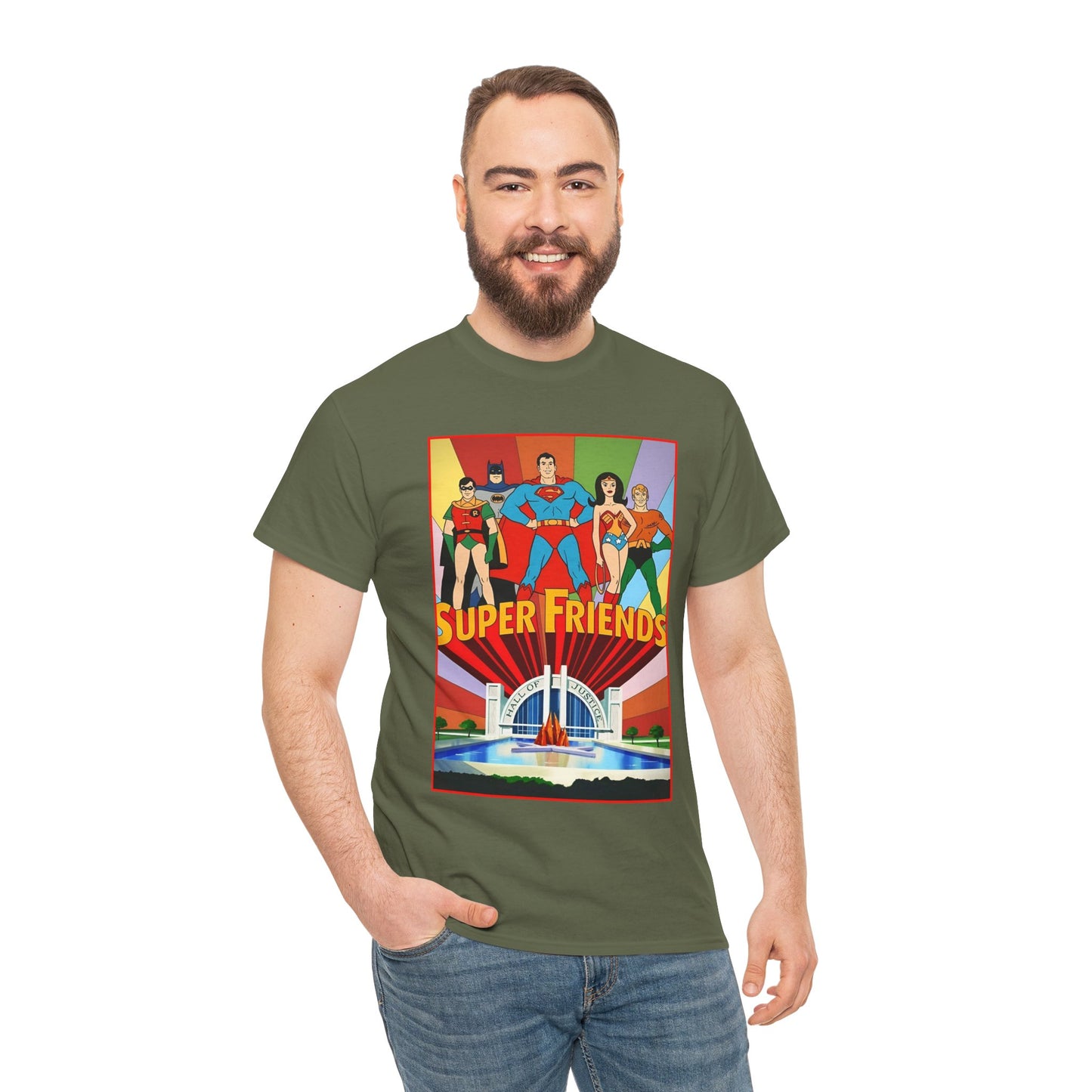 Super Friends T-Shirt - Batman, Superman, Wonder Woman, Robin - Hanna-Barbera Cartoon - DC Comics - Hall of Justice