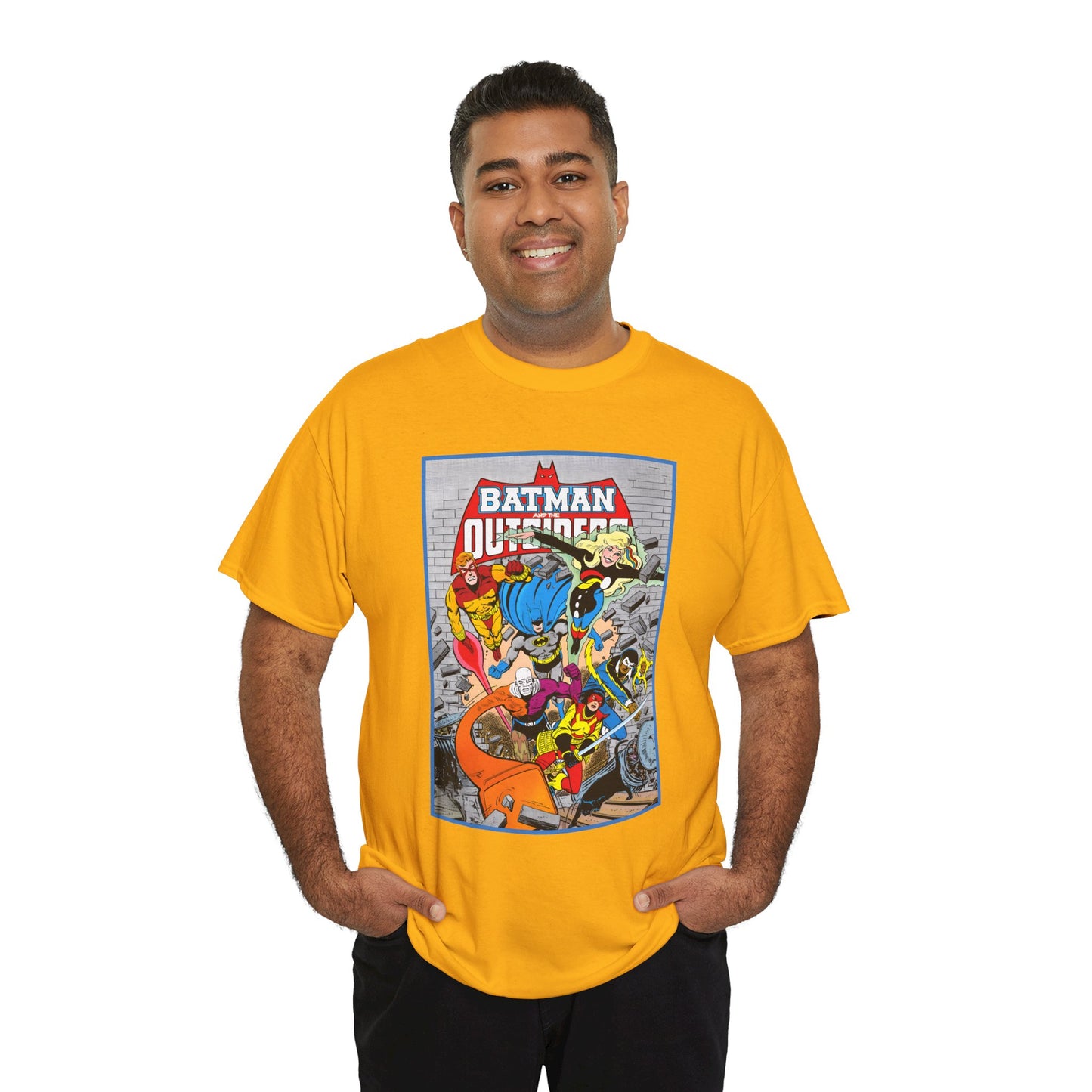 Batman & the Outsiders T-Shirt - Jim Aparo Art - Katana, Geo-Force, Black Lightning, Metamorpho, Halo - DC Comics - 1980s JLA Spin-Off Series