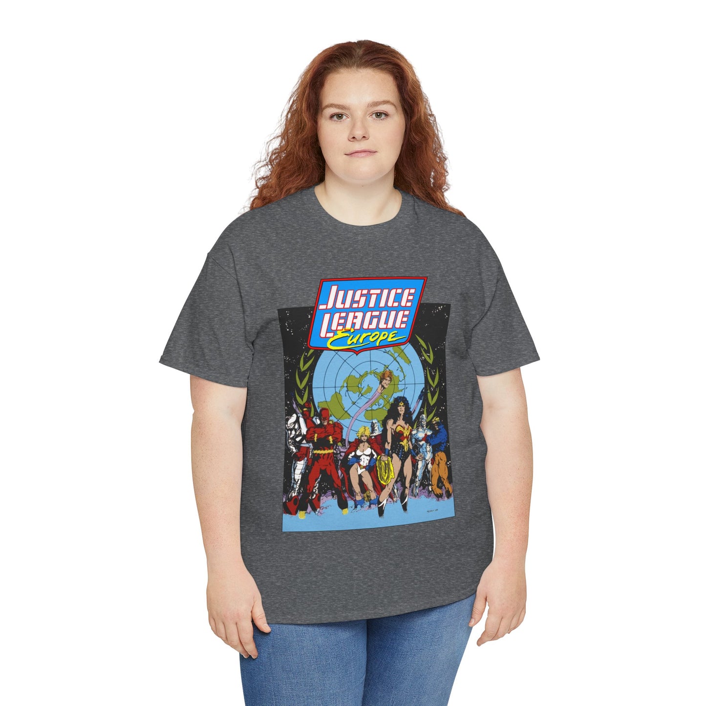 Justice League Europe T-Shirt - Bart Sears Art - Wonder Woman, Flash, Captain Atom, Animal Man, Elongated Man, Power Girl, Metamorpho - JLI Spin-Off - DC Comics