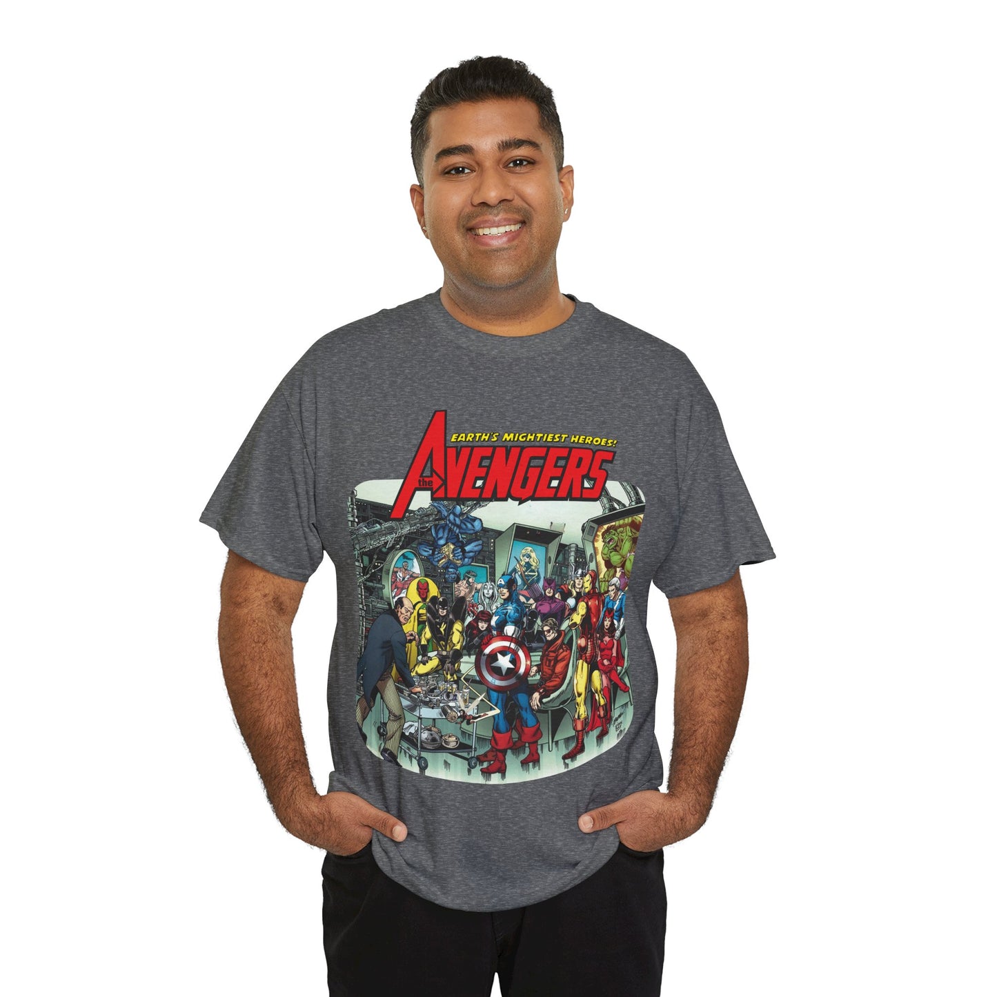 Classic Avengers T-Shirt - George Perez Art - Captain America, Hawkeye, Iron Man, Vision, Scarlet Witch, Quicksilver, Jarvis - Marvel Comics