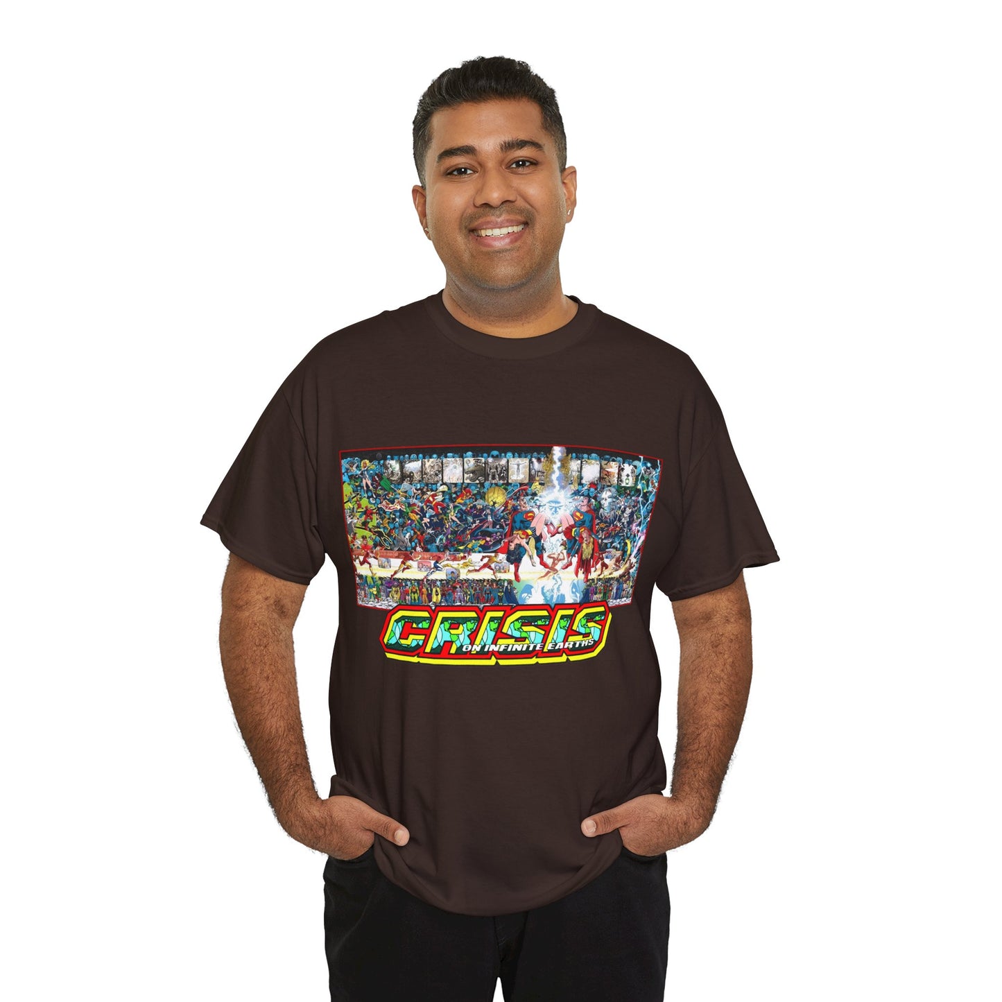 Crisis on Infinite Earths T-Shirt - Jerry Ordway/George Perez Art - Updated 2025 Poster Art - Superman, Wonder Woman, Supergirl, Flash, Harbinger, Pariah, Obsidian, Firestorm - DC Comics