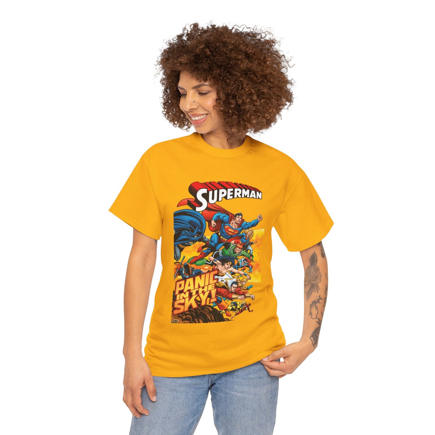 Superman - Panic in the Sky T-Shirt - Dan Jurgens Art - Vs Brainiac & Maxima - Wonder Woman, Booster Gold, Shazam, Batman, Flash, Aquaman, Supergirl - DC Comics
